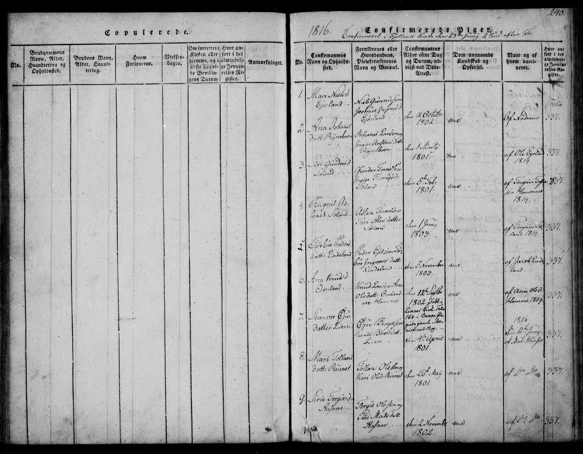 Fjotland sokneprestkontor, SAK/1111-0010/F/Fb/L0001: Parish register (copy) no. B 1, 1816-1849, p. 240