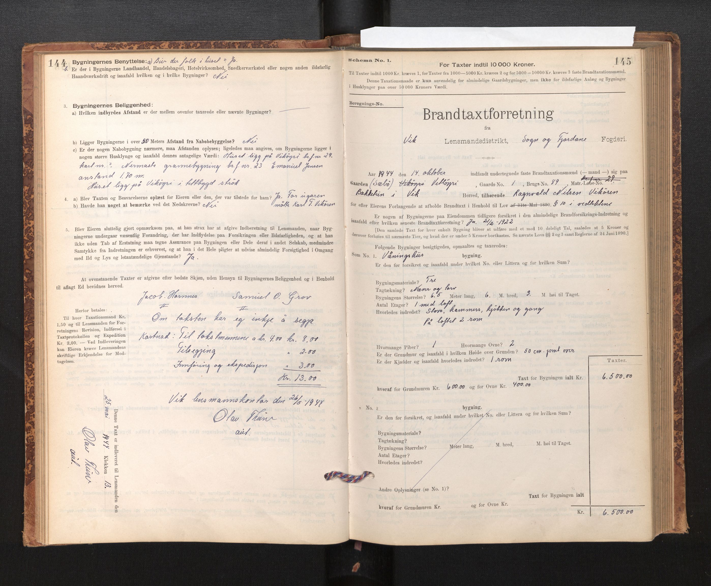 Lensmannen i Vik, SAB/A-30301/0012/L0006: Branntakstprotokoll, skjematakst, 1896-1949, p. 144-145