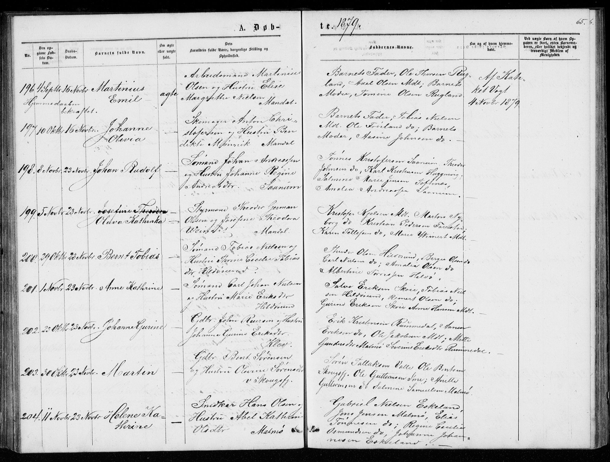 Mandal sokneprestkontor, AV/SAK-1111-0030/F/Fb/Fba/L0010: Parish register (copy) no. B 4, 1876-1880, p. 65