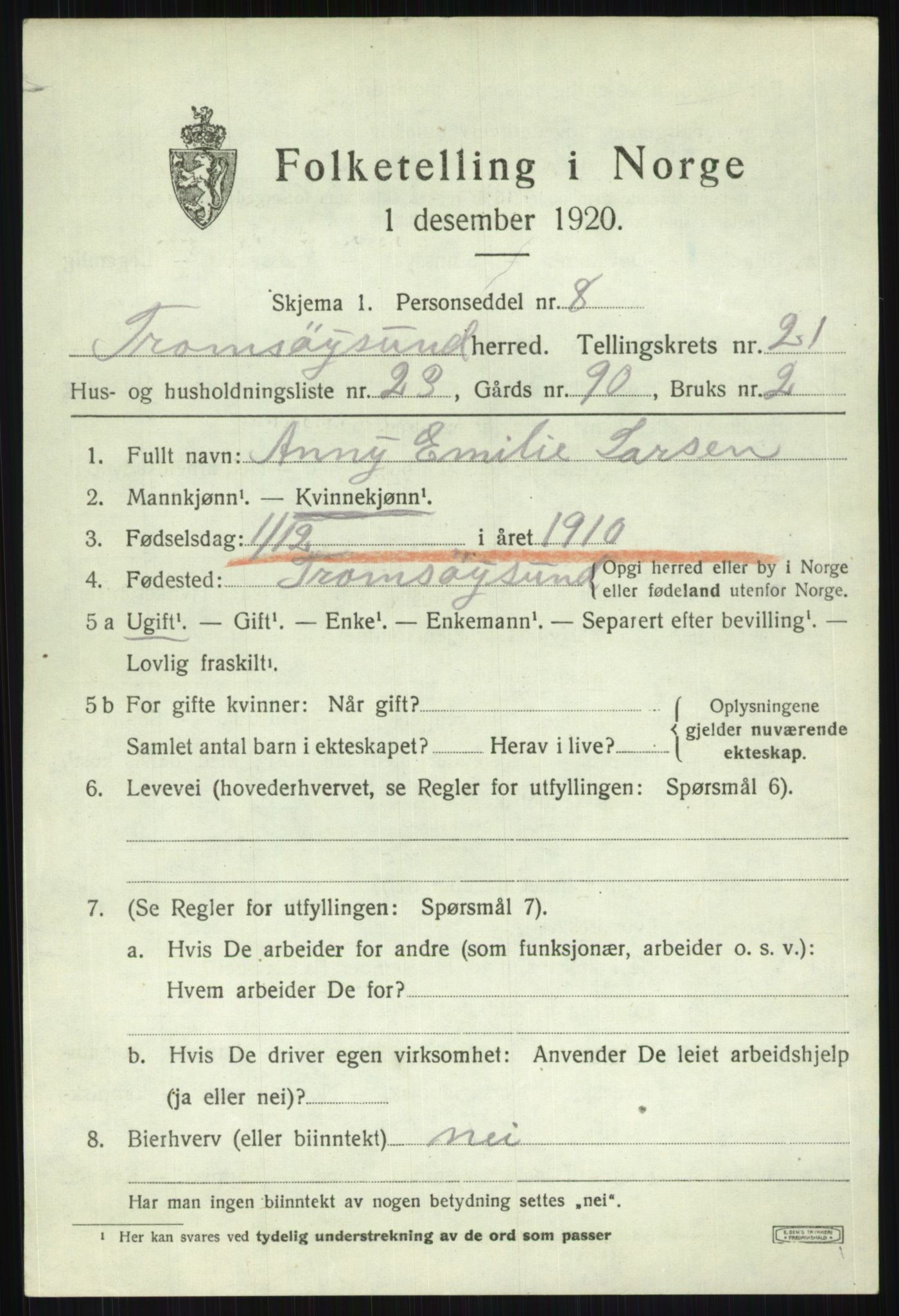 SATØ, 1920 census for Tromsøysund, 1920, p. 11256