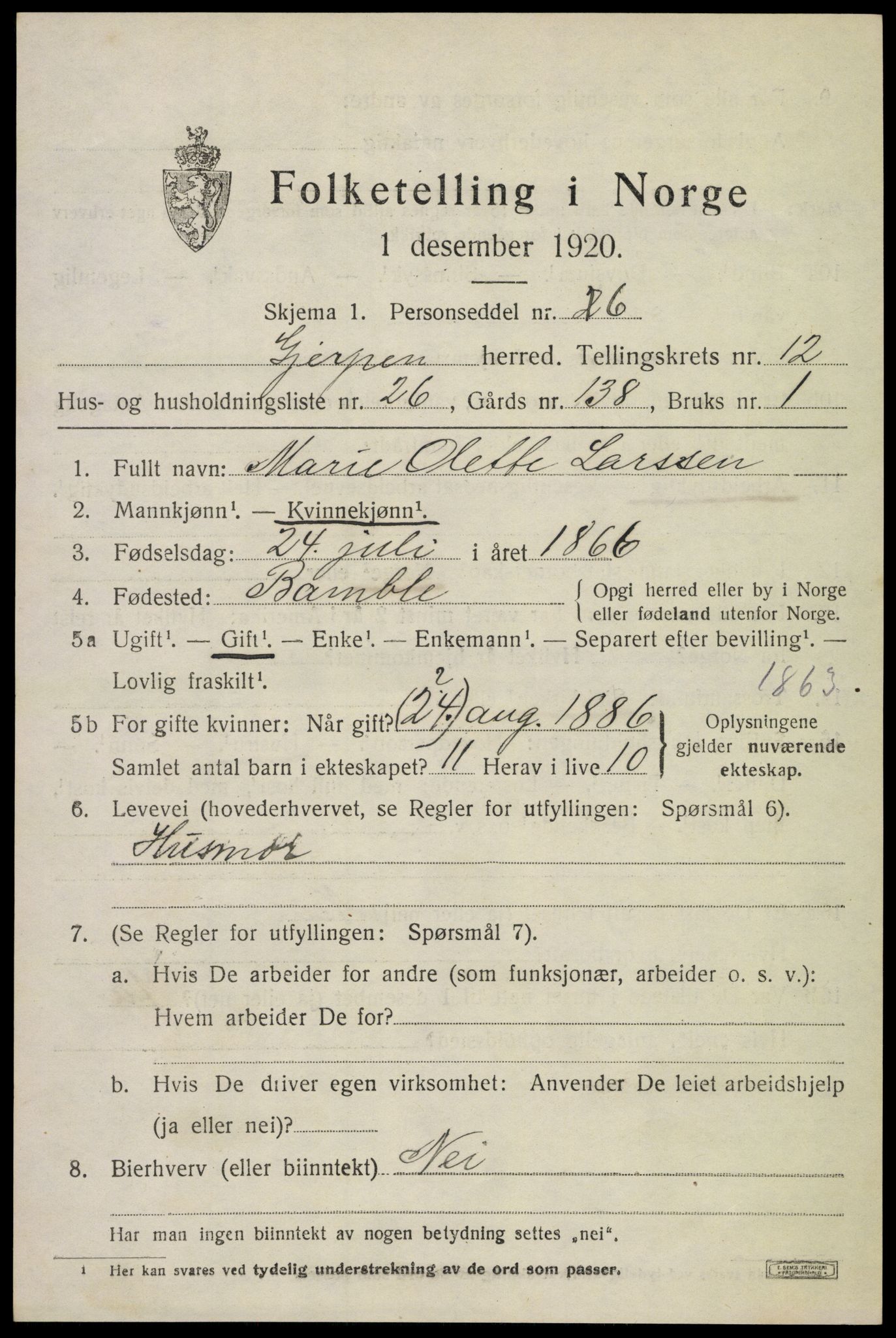 SAKO, 1920 census for Gjerpen, 1920, p. 13806