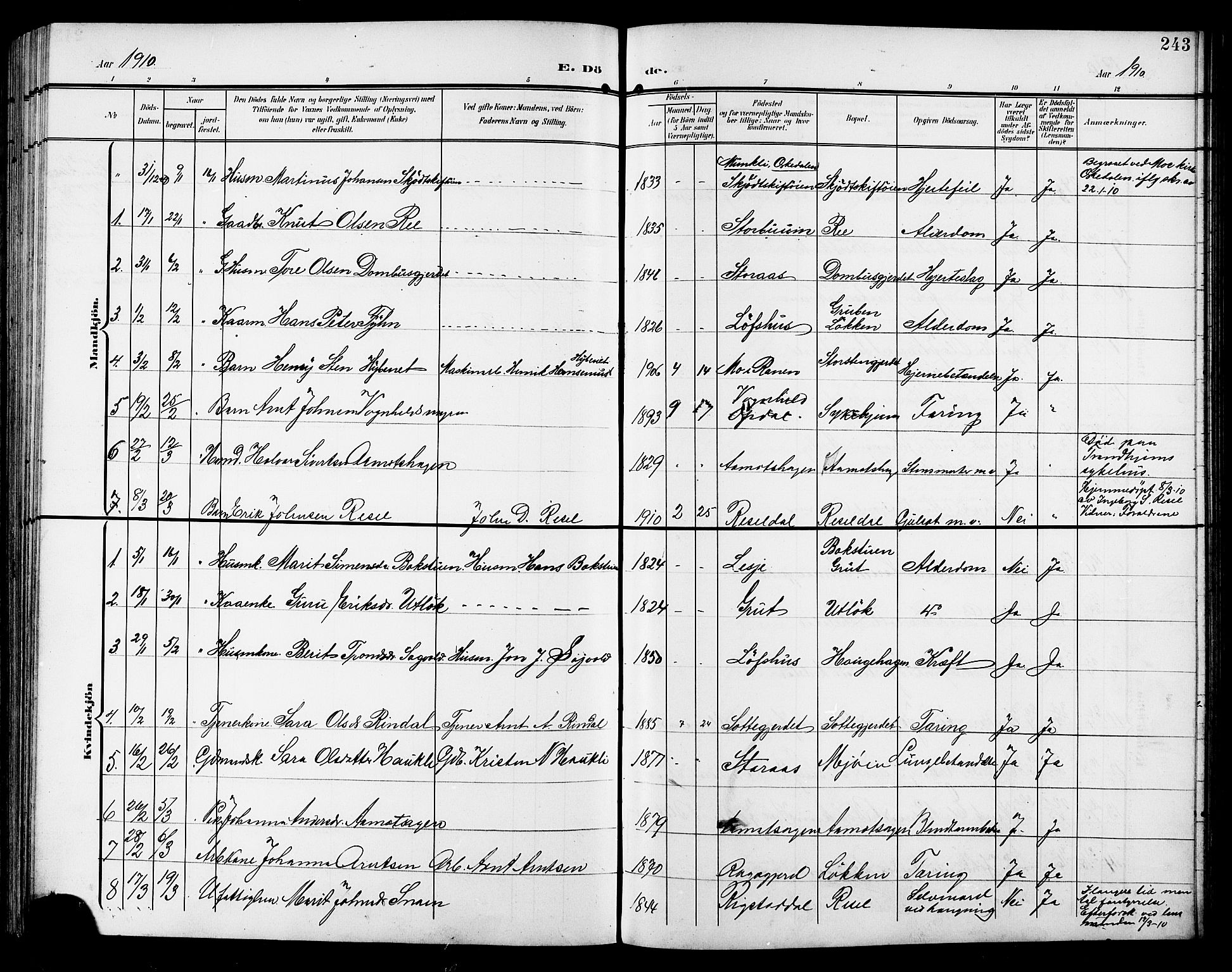 Ministerialprotokoller, klokkerbøker og fødselsregistre - Sør-Trøndelag, AV/SAT-A-1456/672/L0864: Parish register (copy) no. 672C03, 1902-1914, p. 243