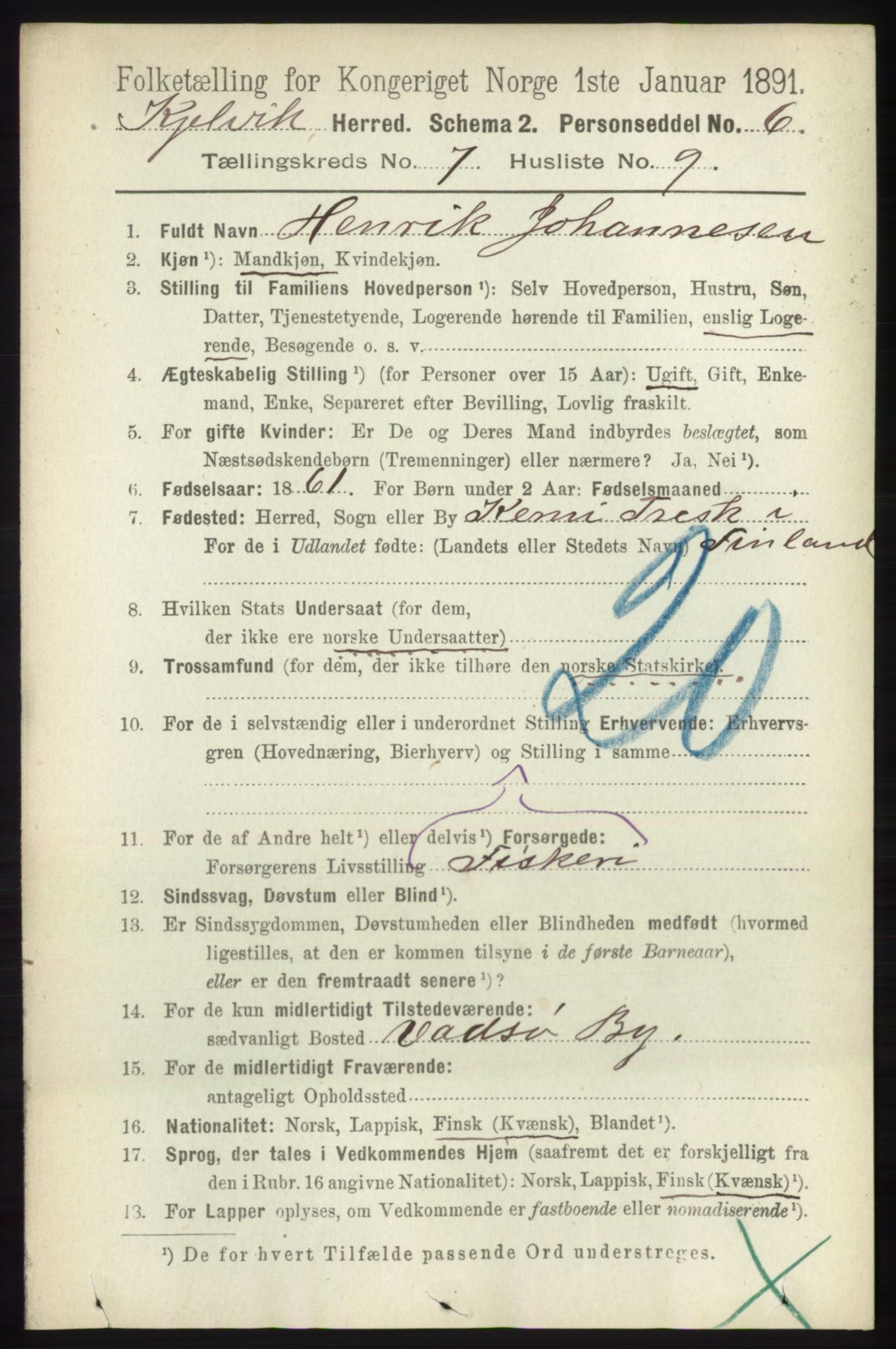 RA, 1891 census for 2019 Kjelvik, 1891, p. 957