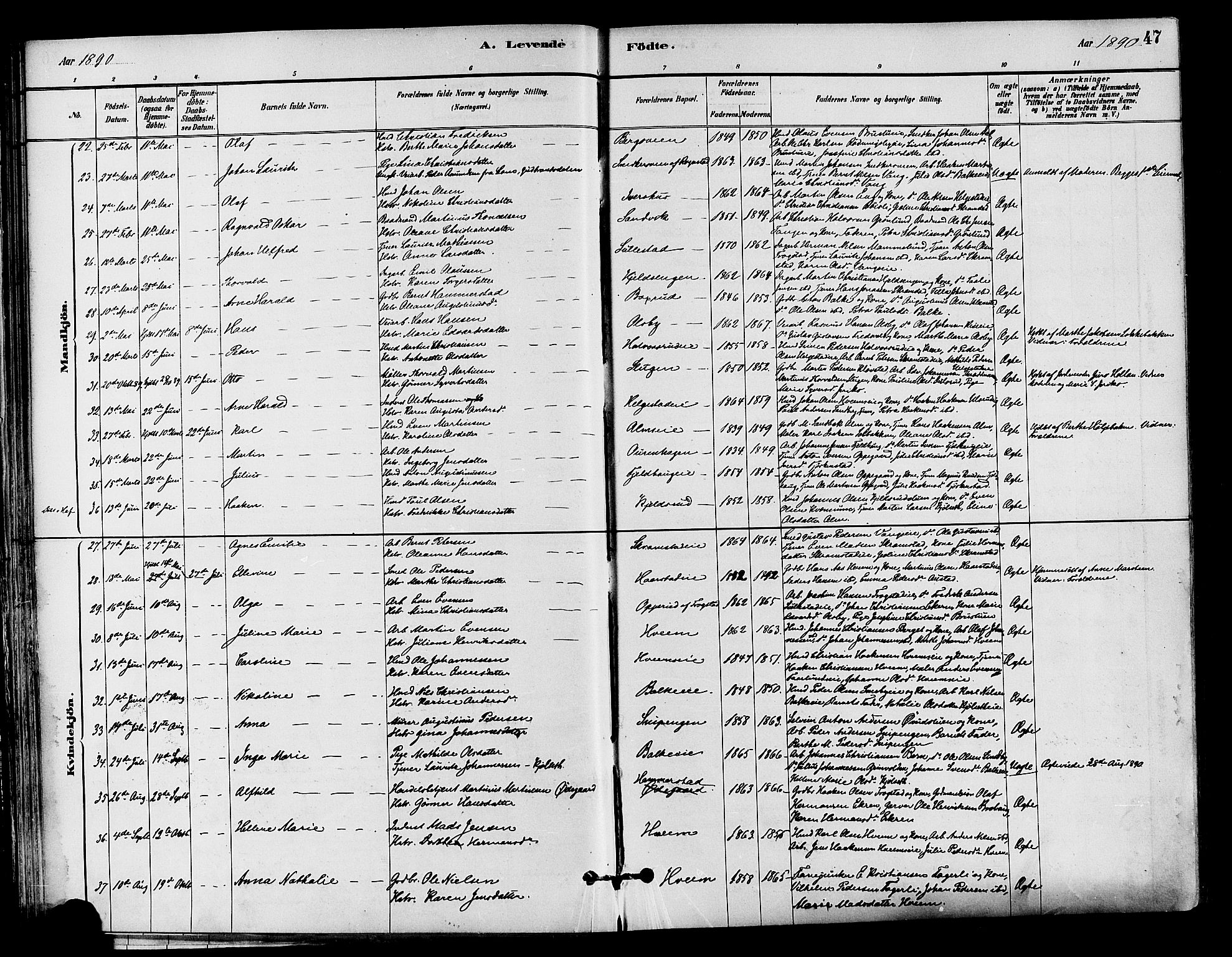 Østre Toten prestekontor, AV/SAH-PREST-104/H/Ha/Haa/L0007: Parish register (official) no. 7, 1881-1896, p. 47