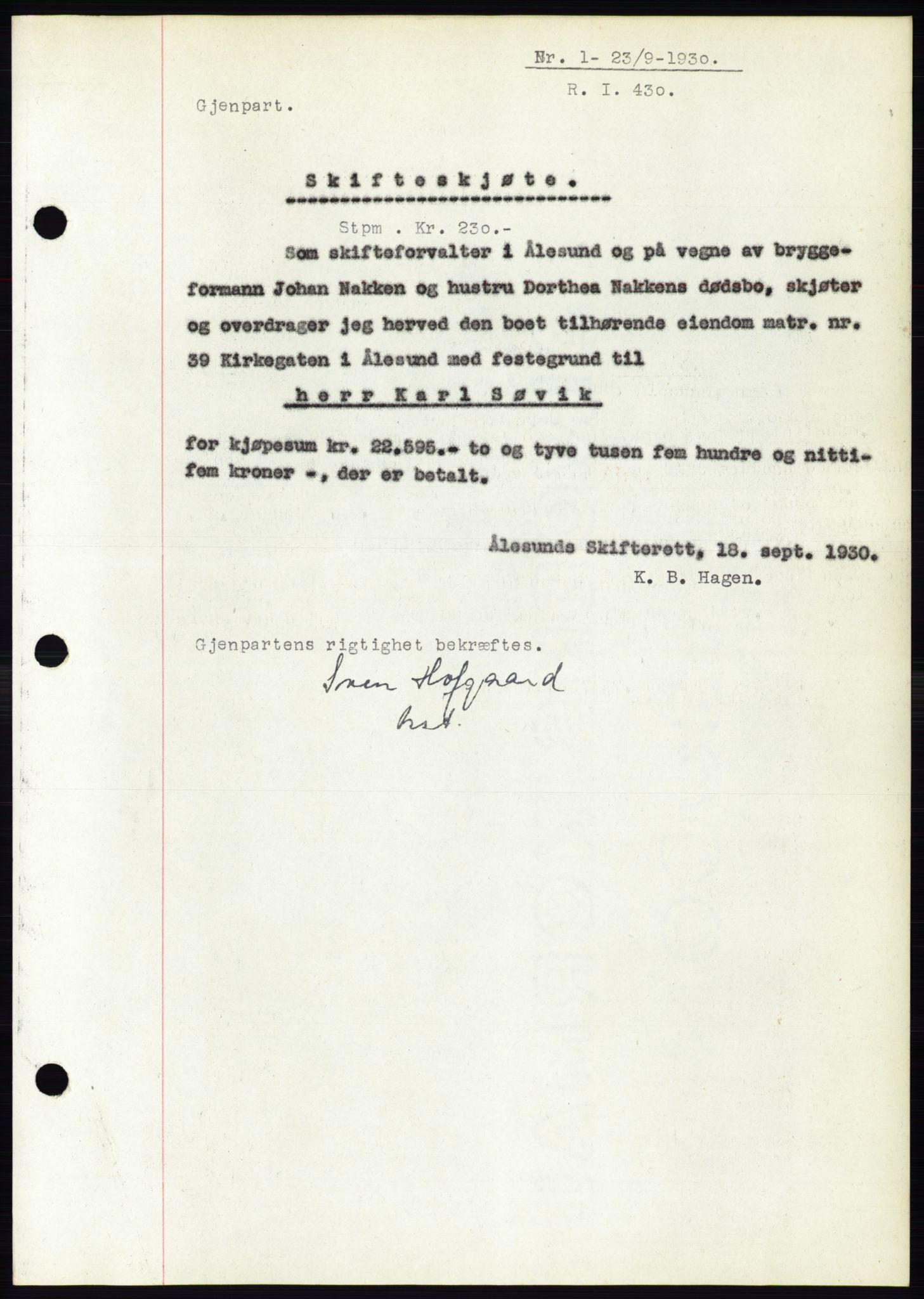Ålesund byfogd, SAT/A-4384: Mortgage book no. 26, 1930-1930, Deed date: 23.09.1930