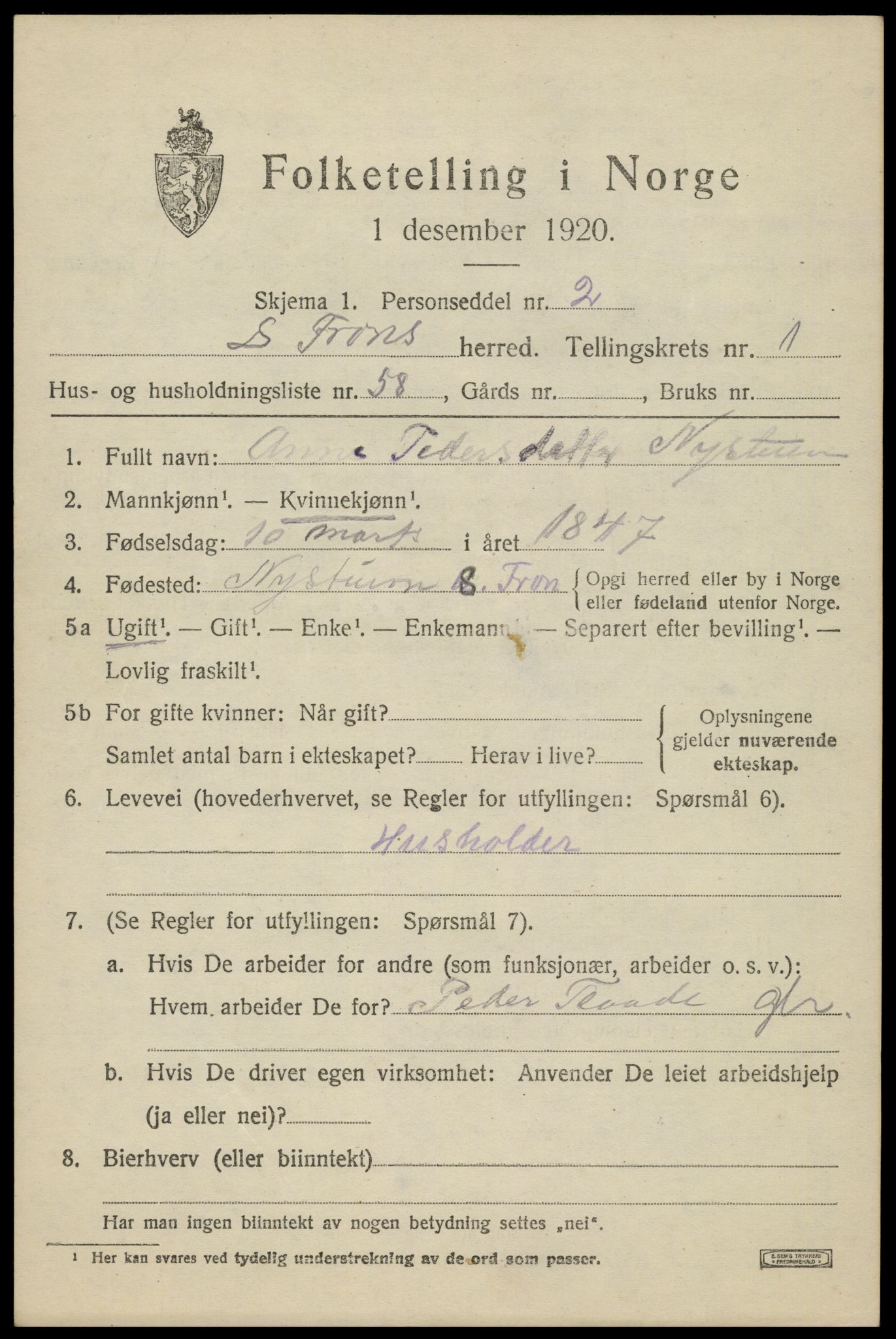 SAH, 1920 census for Sør-Fron, 1920, p. 1909