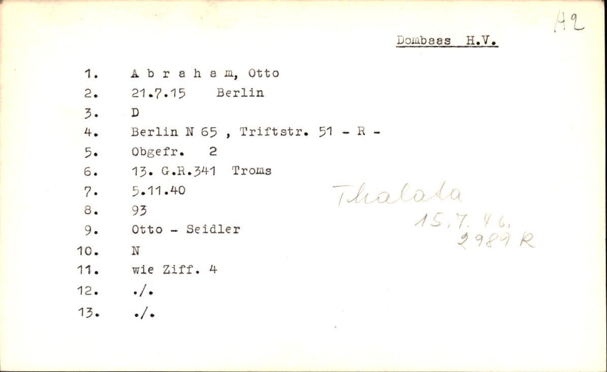 Hjemsendte tyskere , RA/RAFA-6487/D/Db/L0006: Adam-Zimmerman + Ableiter-Barta, 1945-1947, p. 302