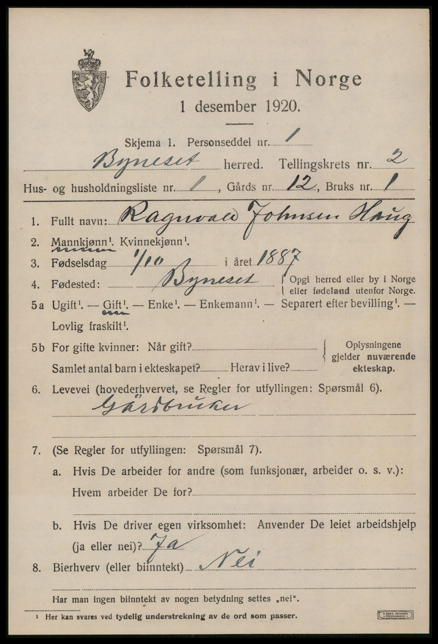 SAT, 1920 census for Byneset, 1920, p. 1228