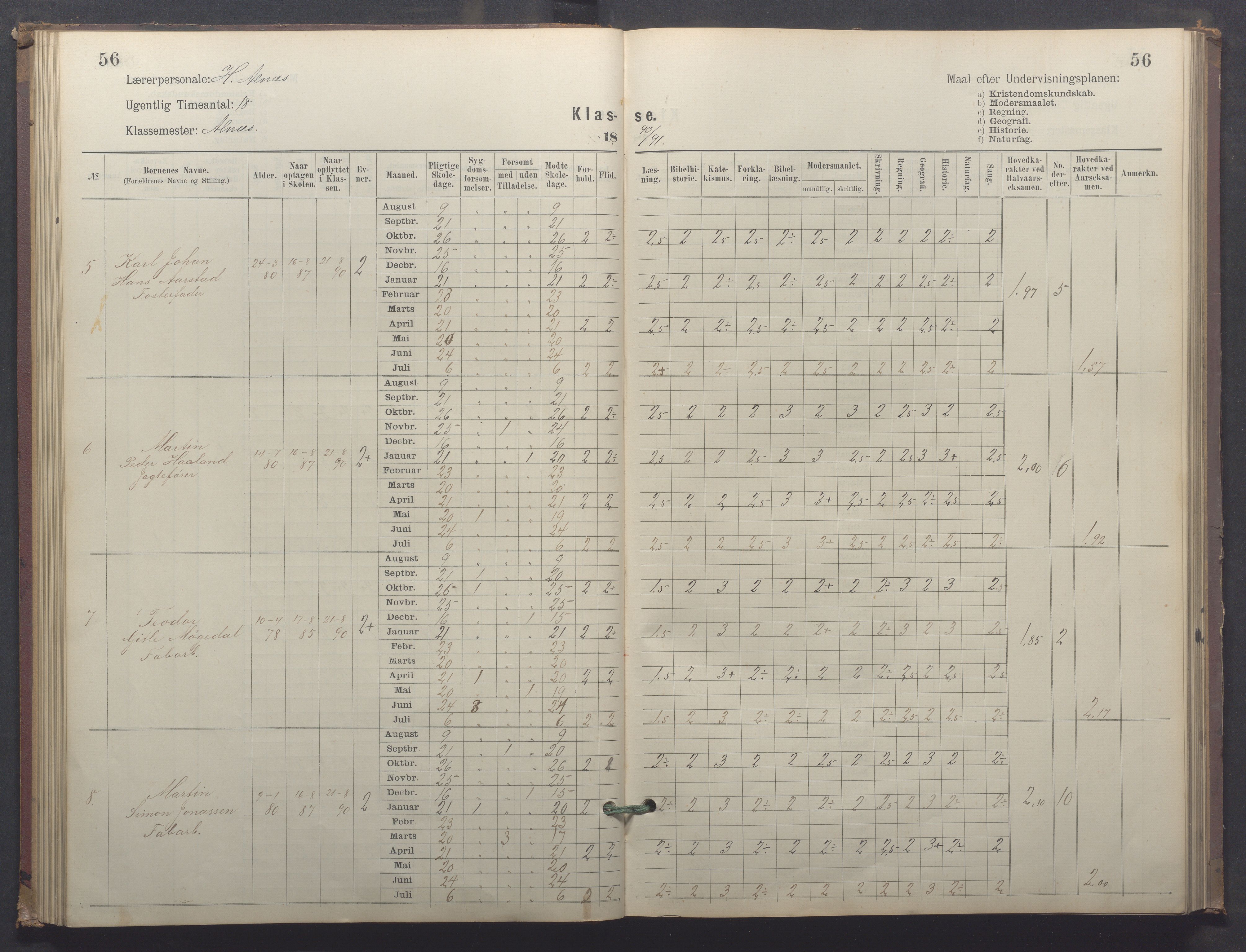 Egersund kommune (Ladested) - Egersund almueskole/folkeskole, IKAR/K-100521/H/L0025: Skoleprotokoll - Almueskolen, 4. klasse, 1887-1892, p. 56