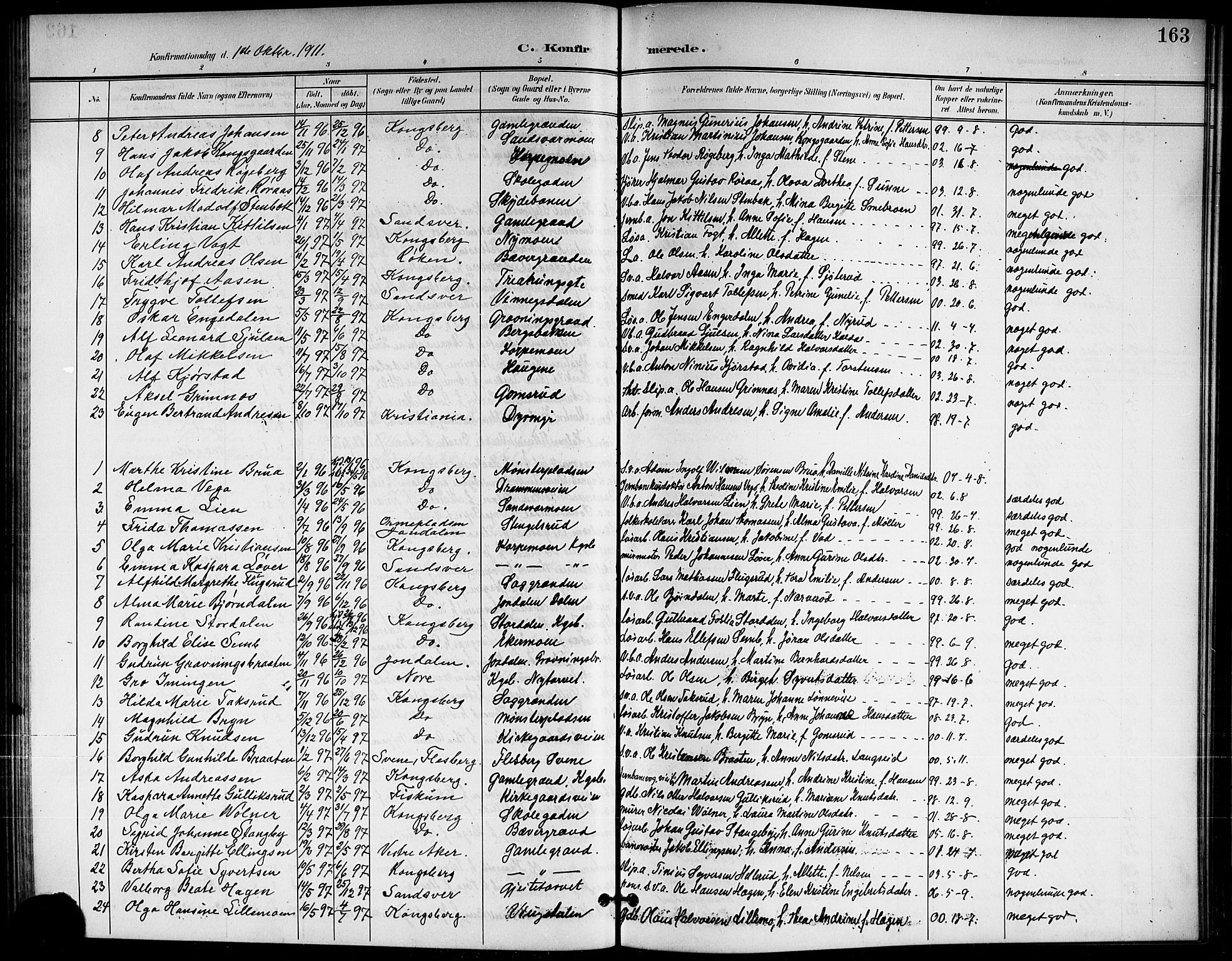 Kongsberg kirkebøker, SAKO/A-22/G/Ga/L0007: Parish register (copy) no. 7, 1901-1915, p. 163