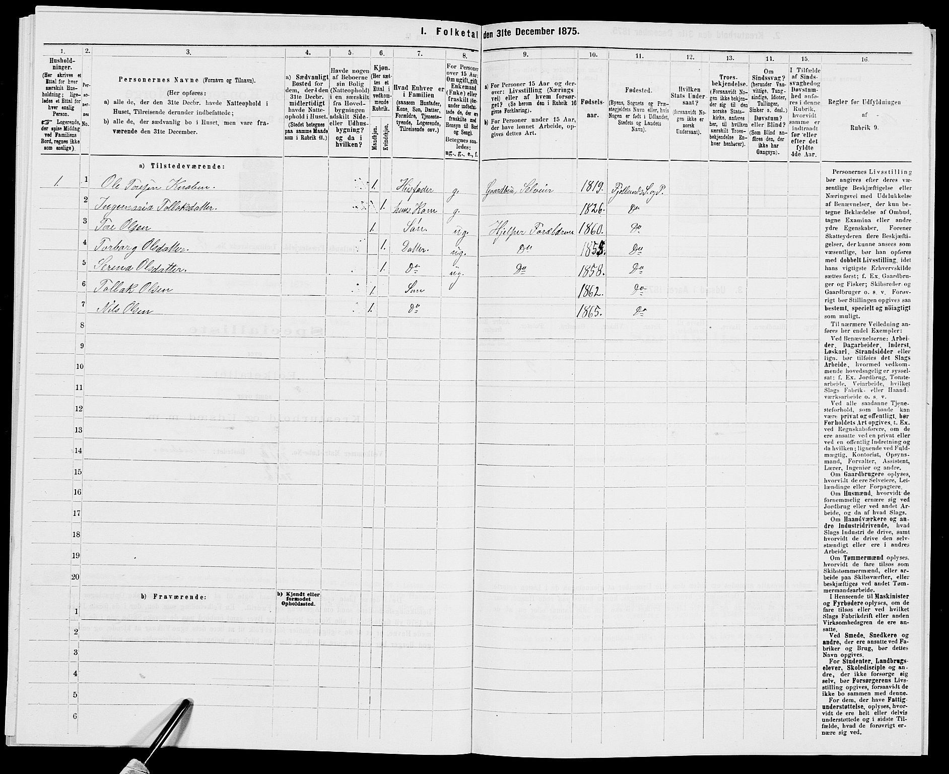 SAK, 1875 census for 1036P Fjotland, 1875, p. 198