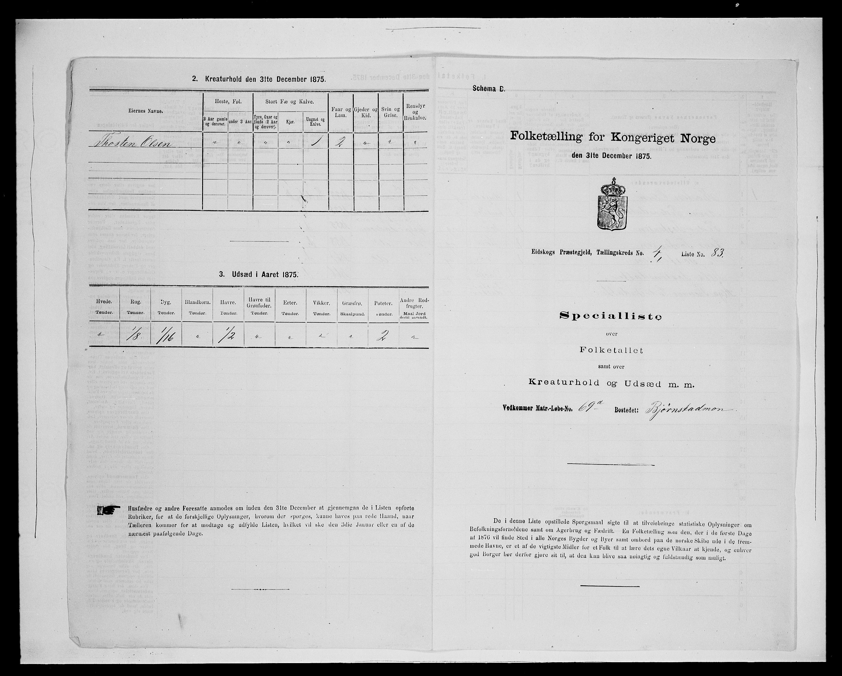 SAH, 1875 census for 0420P Eidskog, 1875, p. 834