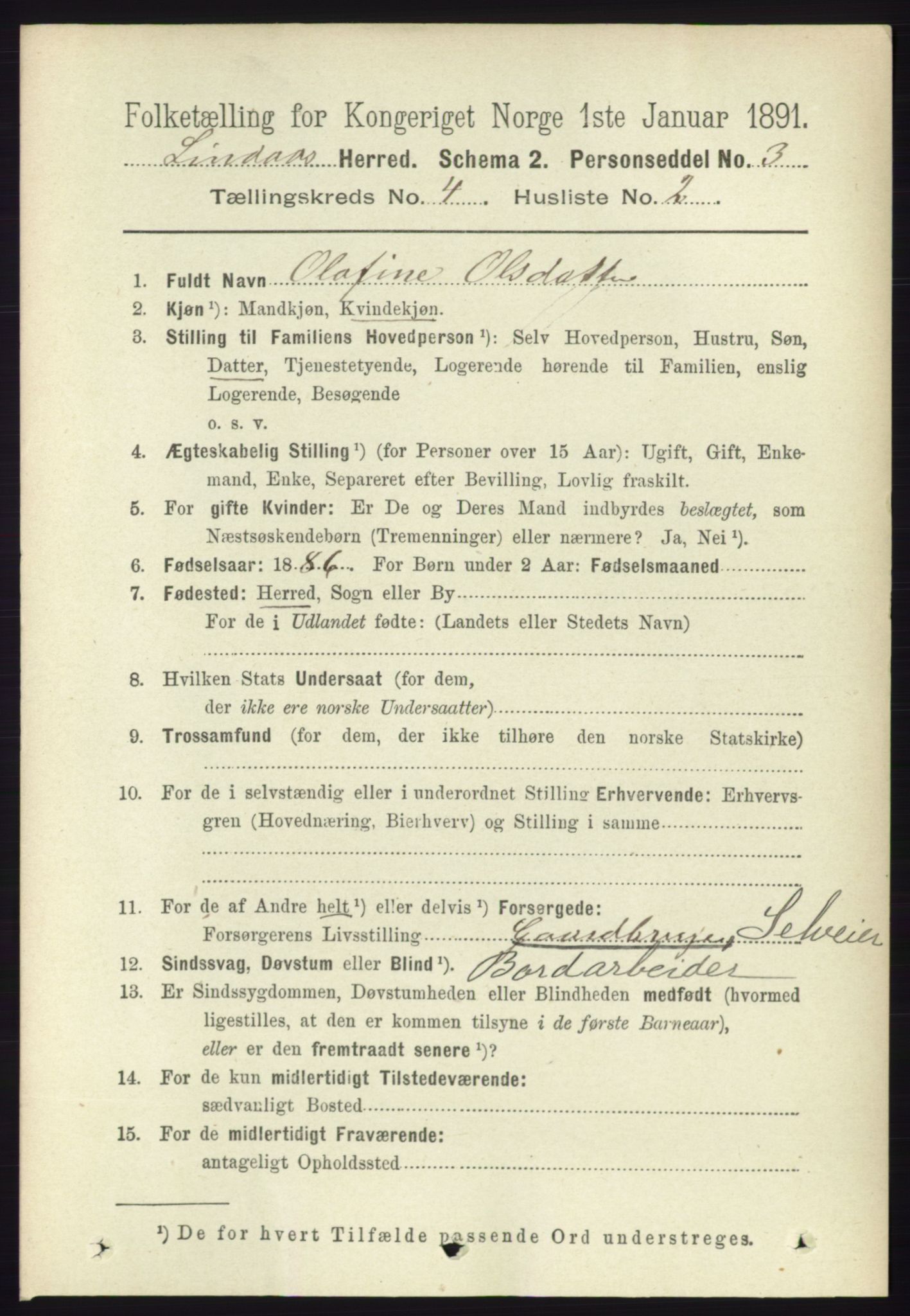 RA, 1891 census for 1263 Lindås, 1891, p. 1133