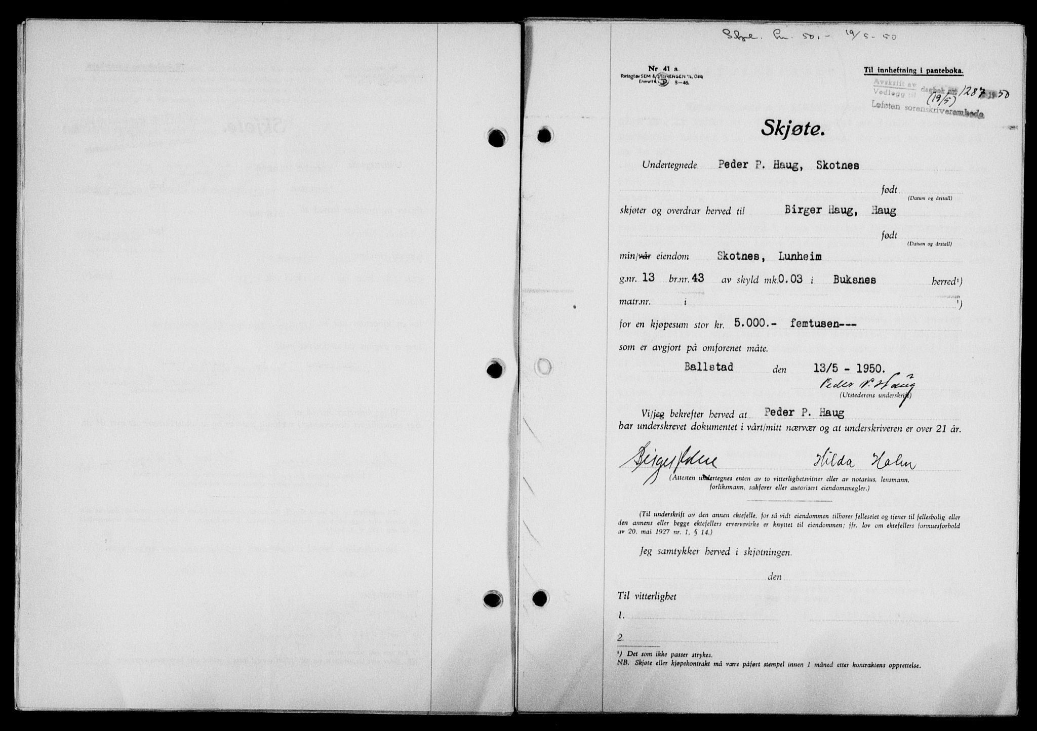 Lofoten sorenskriveri, SAT/A-0017/1/2/2C/L0023a: Mortgage book no. 23a, 1950-1950, Diary no: : 1287/1950