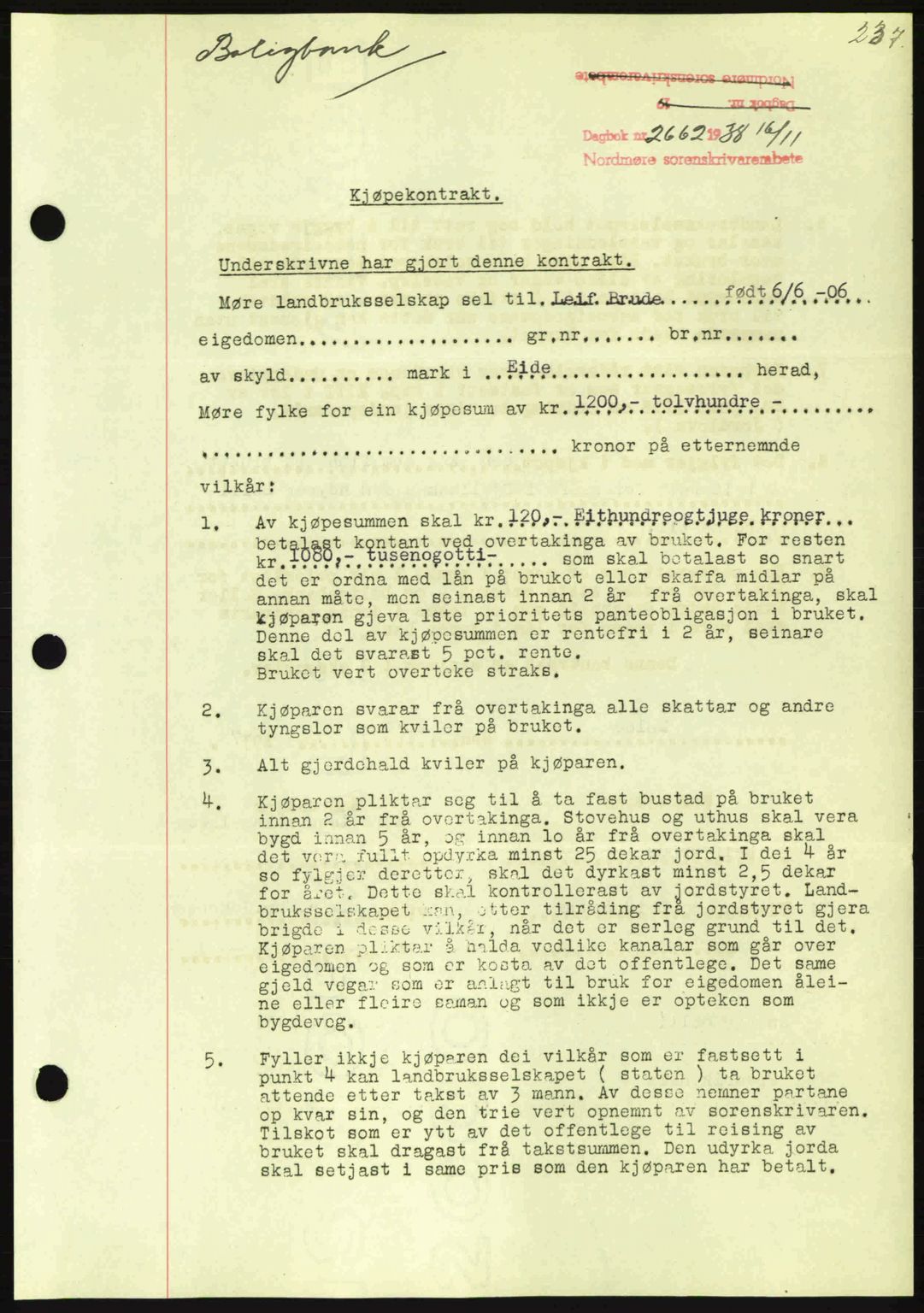 Nordmøre sorenskriveri, SAT/A-4132/1/2/2Ca: Mortgage book no. B84, 1938-1939, Diary no: : 2662/1938