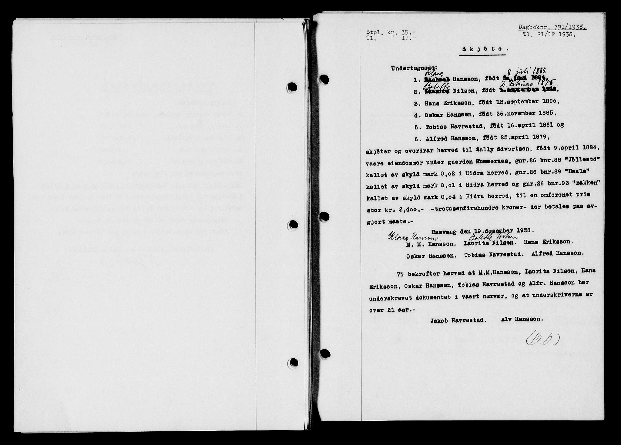 Flekkefjord sorenskriveri, SAK/1221-0001/G/Gb/Gba/L0054: Mortgage book no. A-2, 1937-1938, Diary no: : 791/1938