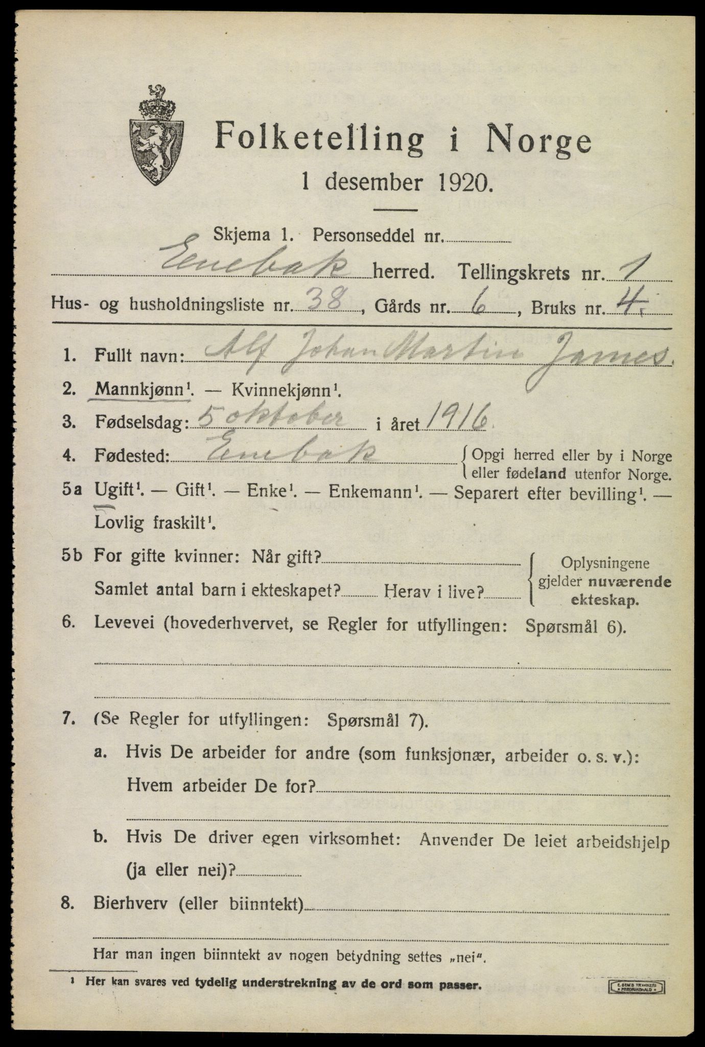 SAO, 1920 census for Enebakk, 1920, p. 1539