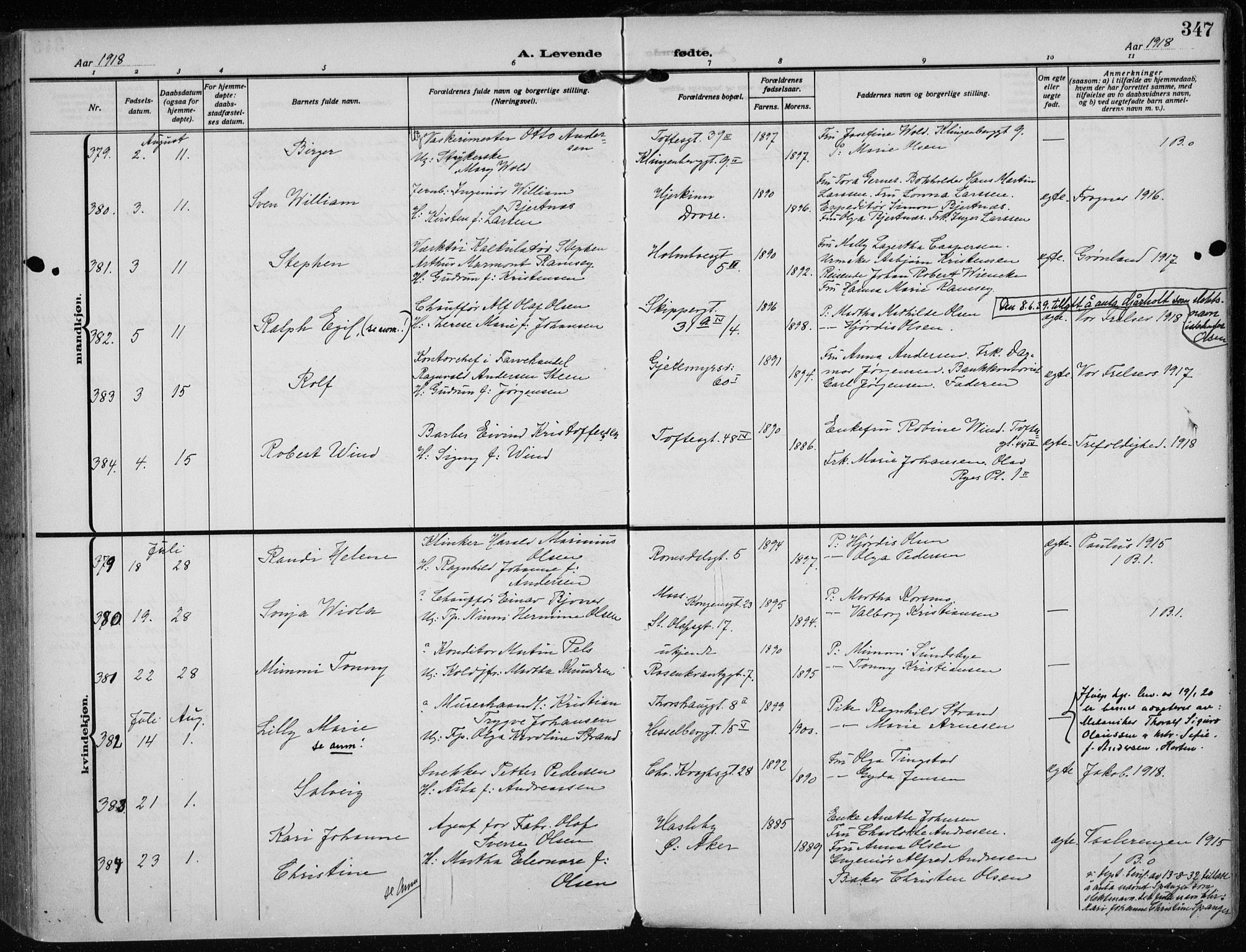 Rikshospitalet prestekontor Kirkebøker, SAO/A-10309b/F/L0016: Parish register (official) no. 16, 1916-1918, p. 347