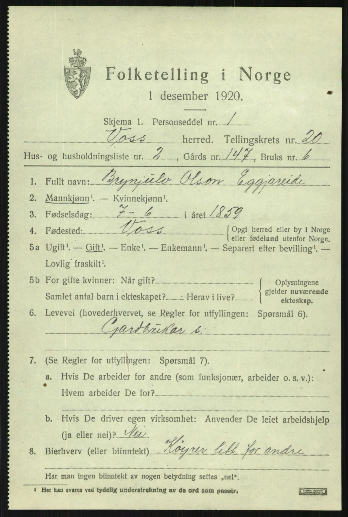 SAB, 1920 census for Voss, 1920, p. 14739