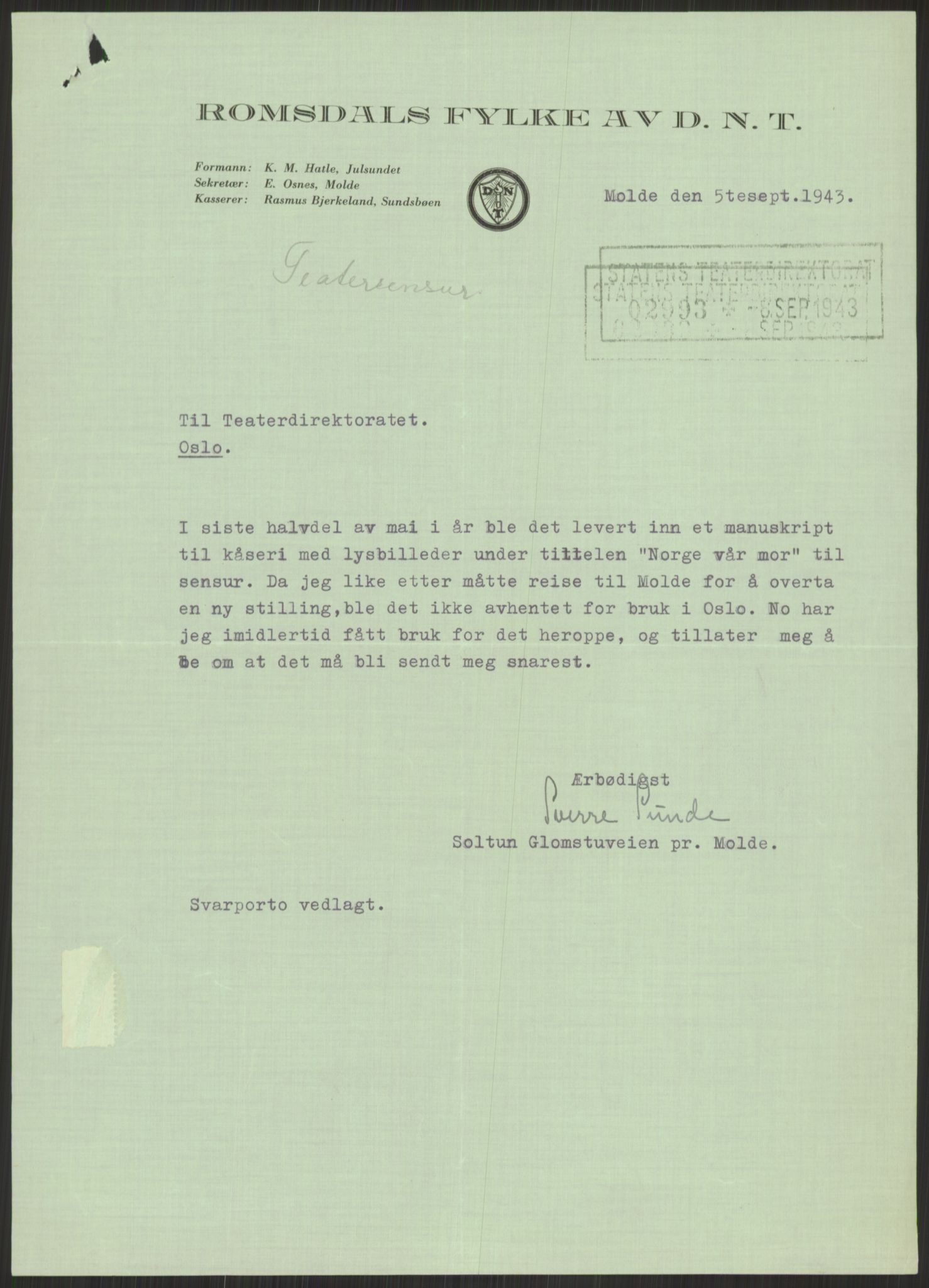 Kultur- og folkeopplysningsdepartementet. Kulturavdelingen. Statens teaterdirektorat, AV/RA-S-6129/D/Da/L0039/0007: -- / Teaterdirektoratet Teatersensur, 1943, p. 11