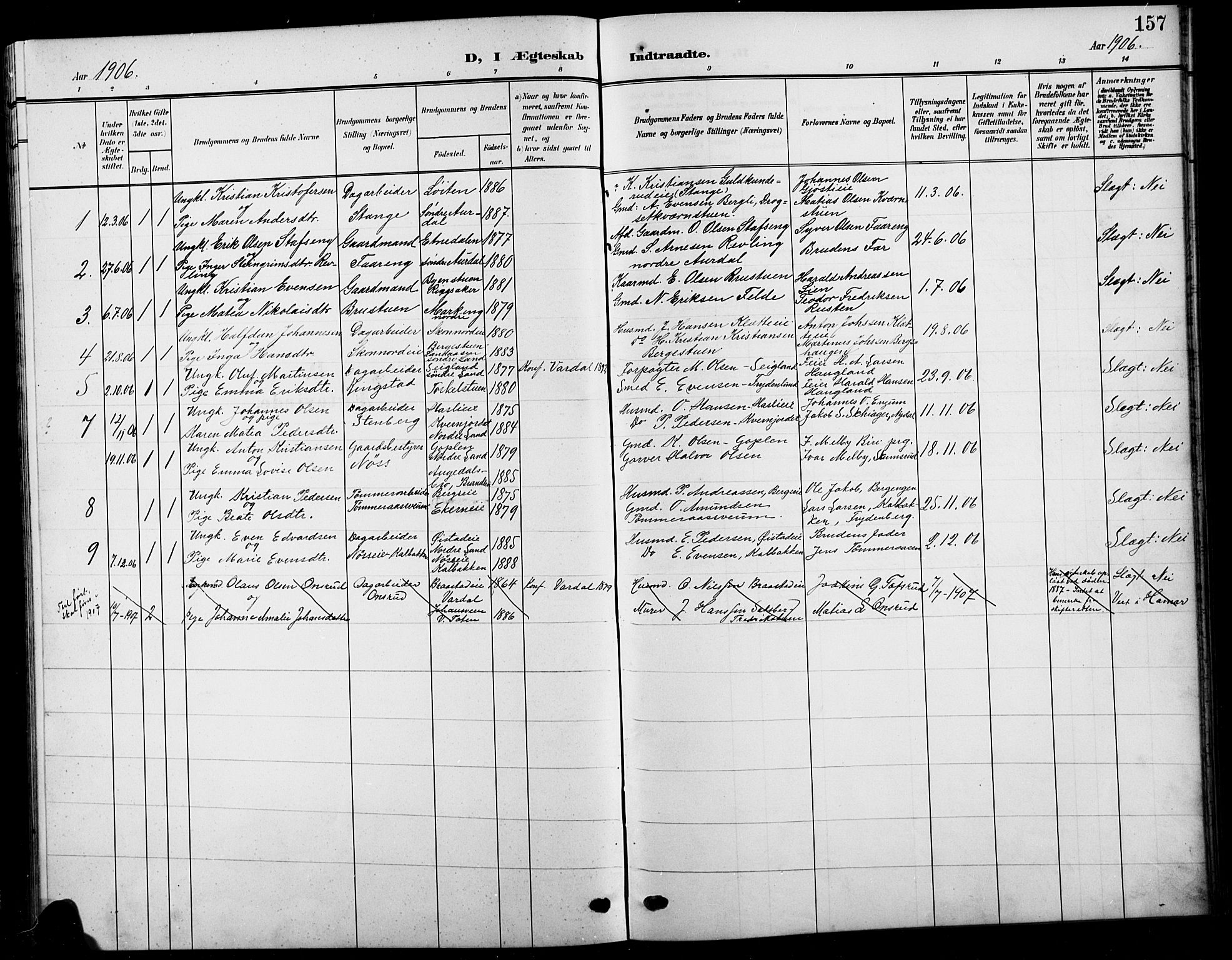 Biri prestekontor, SAH/PREST-096/H/Ha/Hab/L0005: Parish register (copy) no. 5, 1906-1919, p. 157