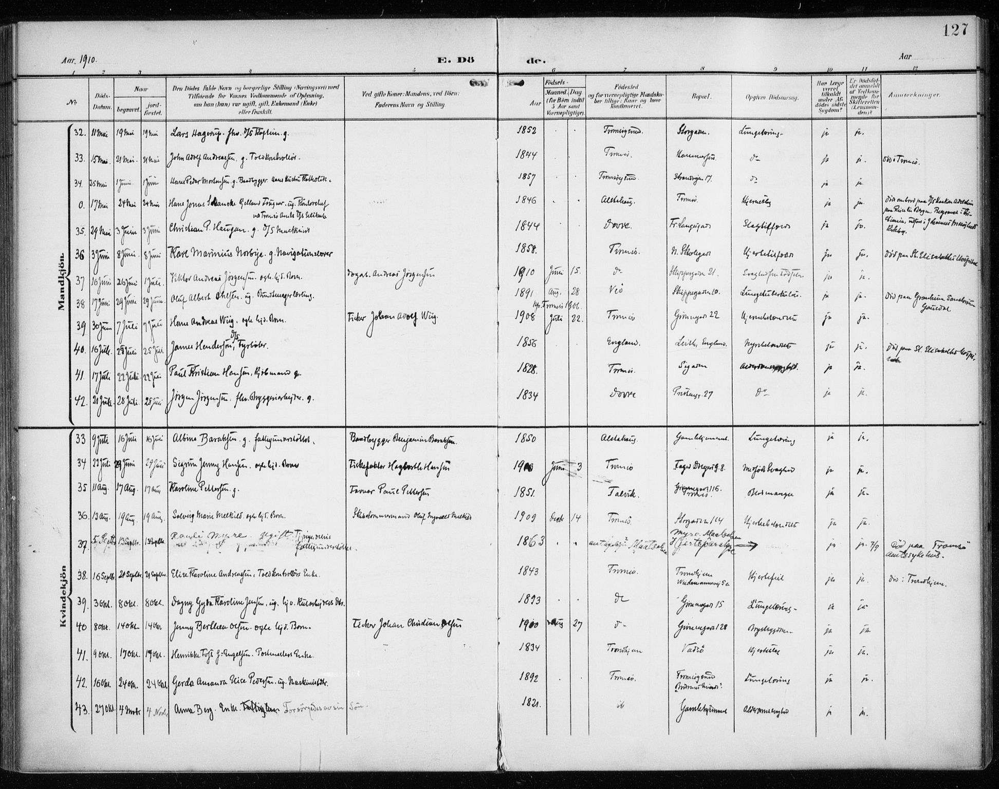 Tromsø sokneprestkontor/stiftsprosti/domprosti, AV/SATØ-S-1343/G/Ga/L0018kirke: Parish register (official) no. 18, 1907-1917, p. 127