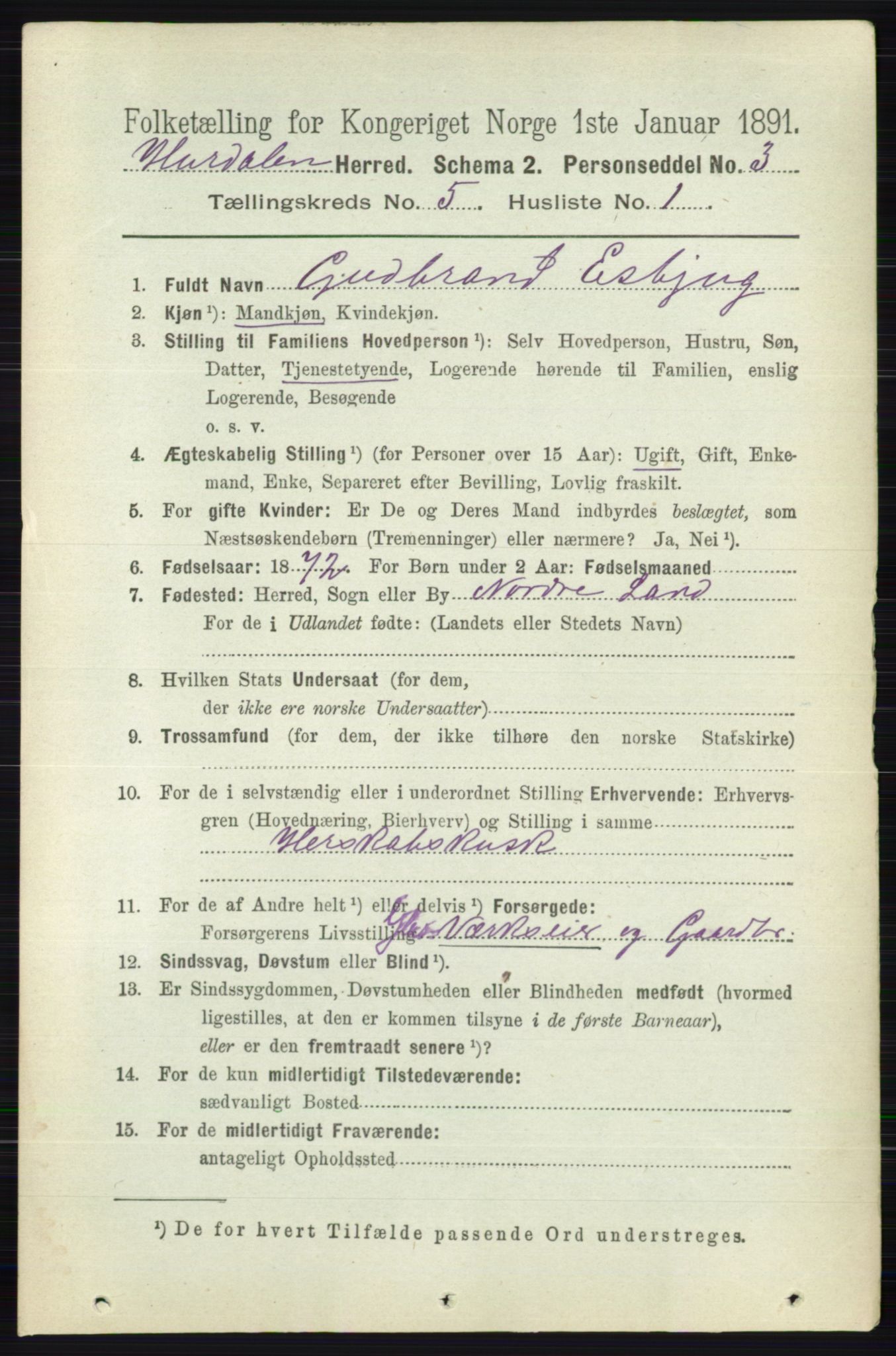 RA, 1891 census for 0239 Hurdal, 1891, p. 2019