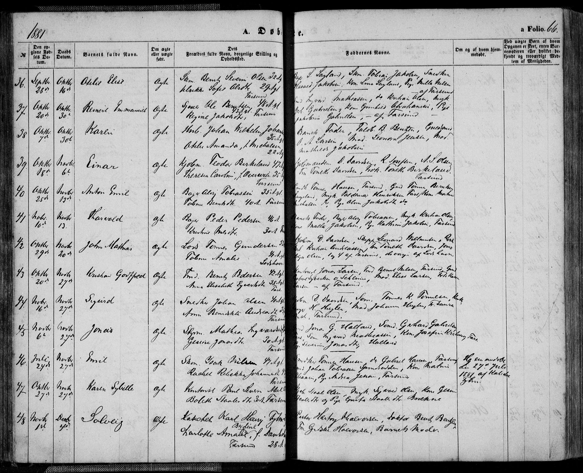 Farsund sokneprestkontor, AV/SAK-1111-0009/F/Fa/L0005: Parish register (official) no. A 5, 1863-1886, p. 66