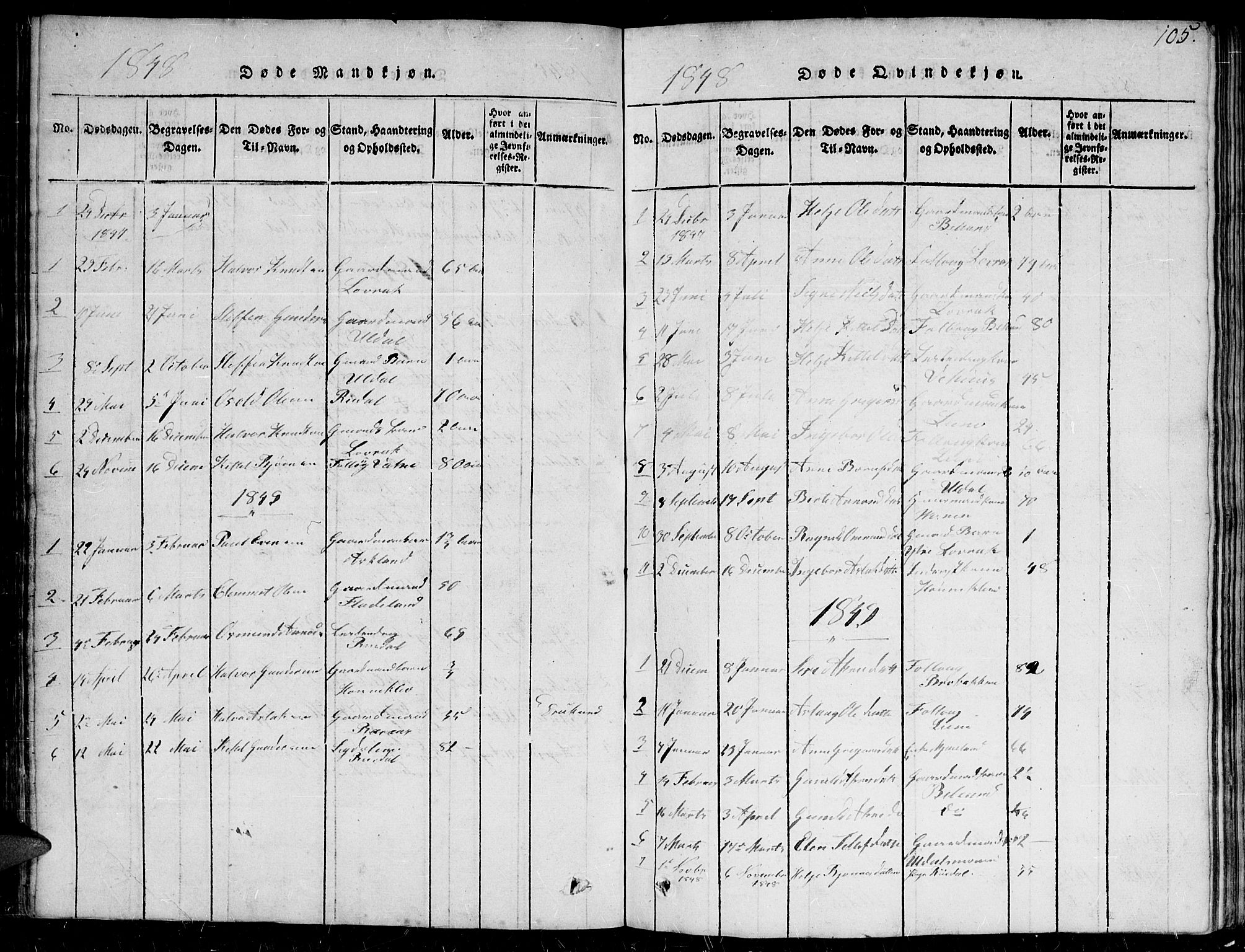 Herefoss sokneprestkontor, AV/SAK-1111-0019/F/Fb/Fbc/L0001: Parish register (copy) no. B 1, 1816-1866, p. 105