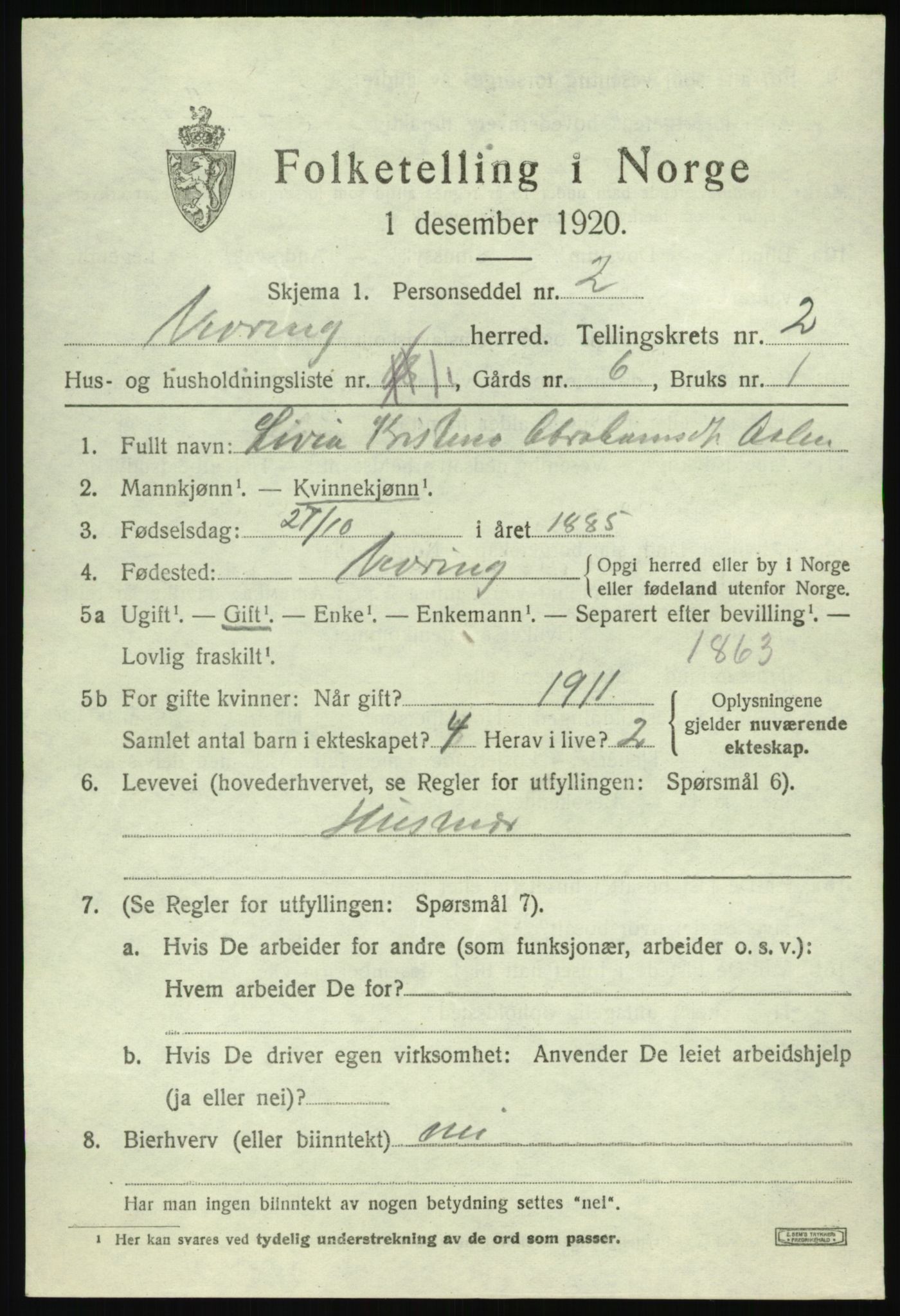 SAB, 1920 census for Vevring, 1920, p. 678