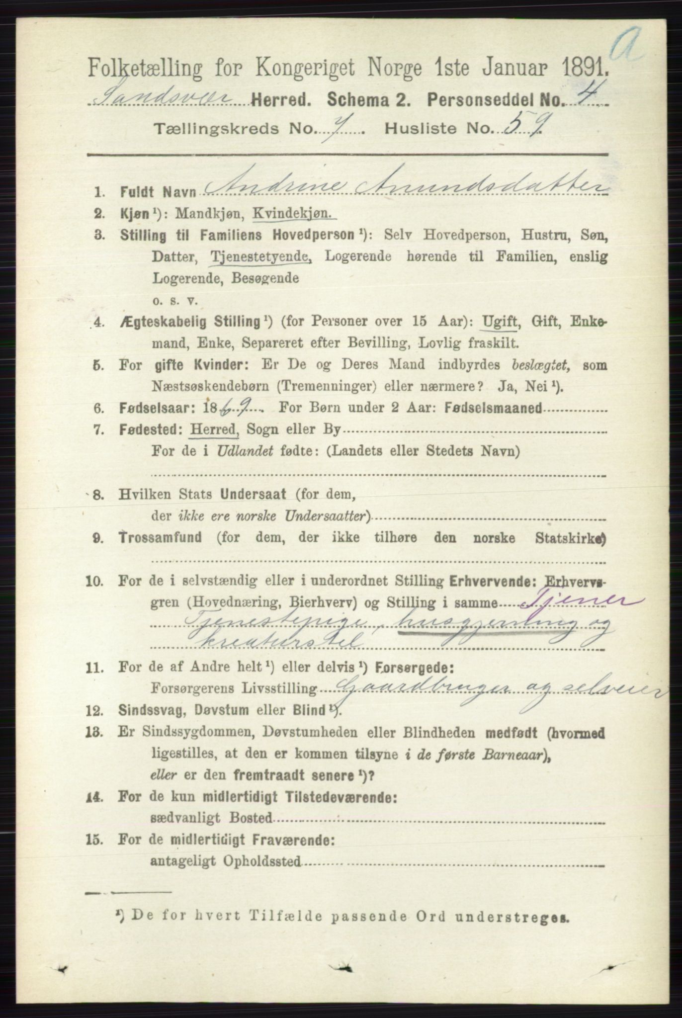 RA, 1891 census for 0629 Sandsvær, 1891, p. 4259