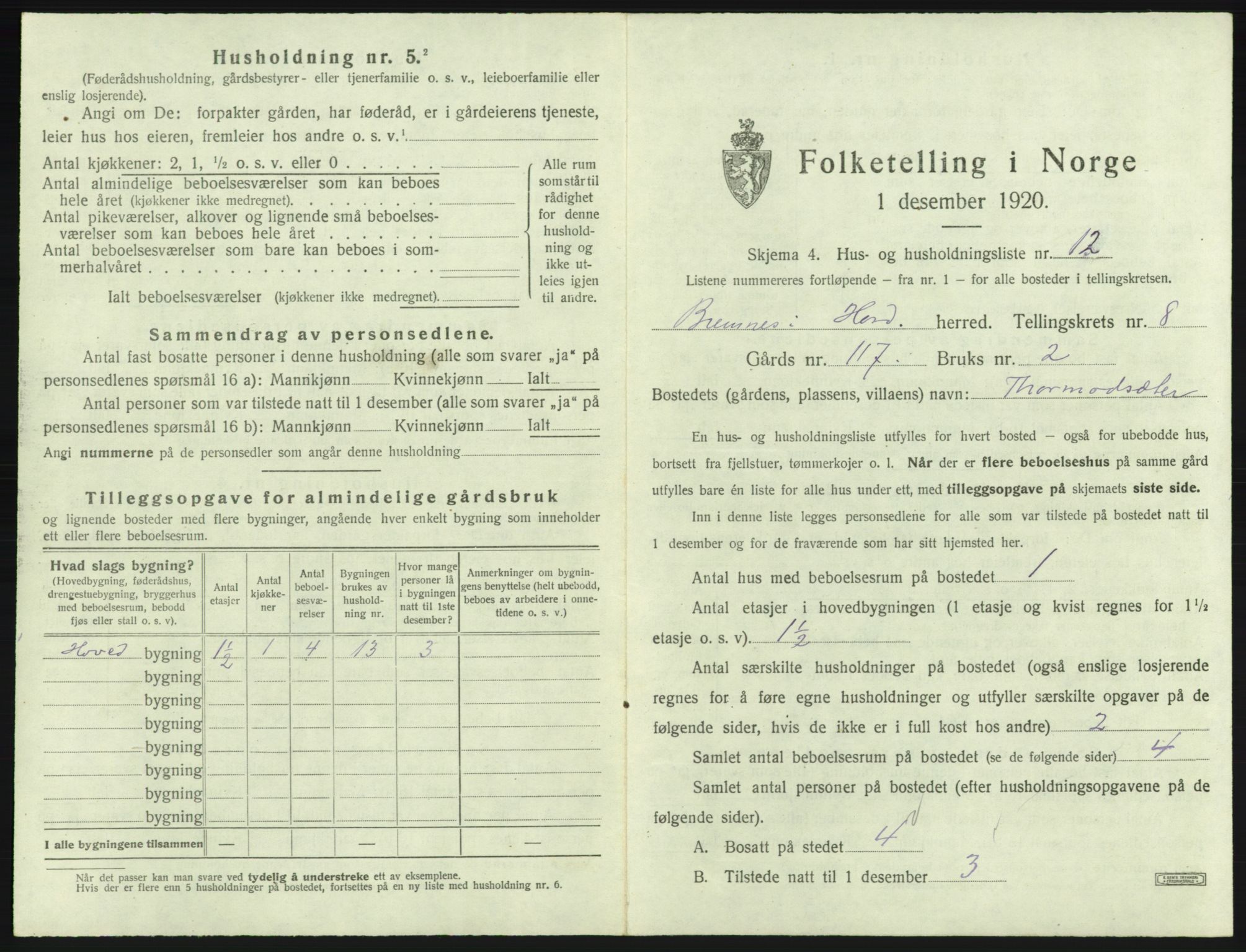 SAB, 1920 census for Bremnes, 1920, p. 654