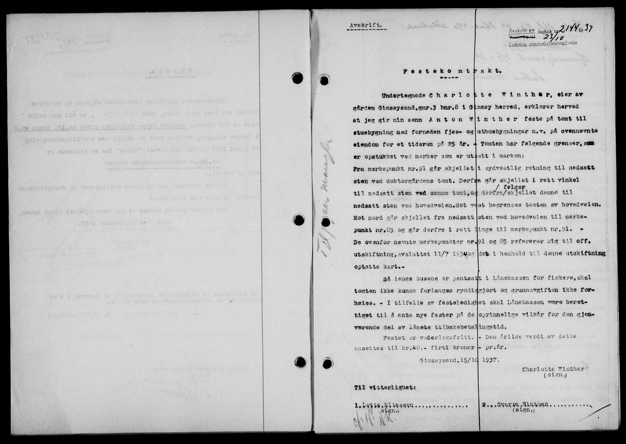 Lofoten sorenskriveri, SAT/A-0017/1/2/2C/L0003a: Mortgage book no. 3a, 1937-1938, Diary no: : 2144/1937