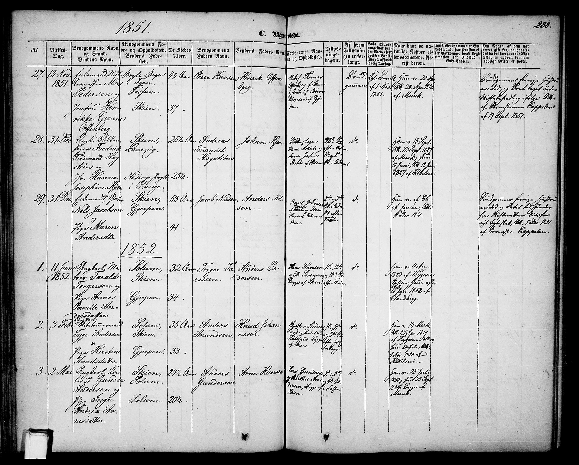 Skien kirkebøker, AV/SAKO-A-302/G/Ga/L0004: Parish register (copy) no. 4, 1843-1867, p. 288