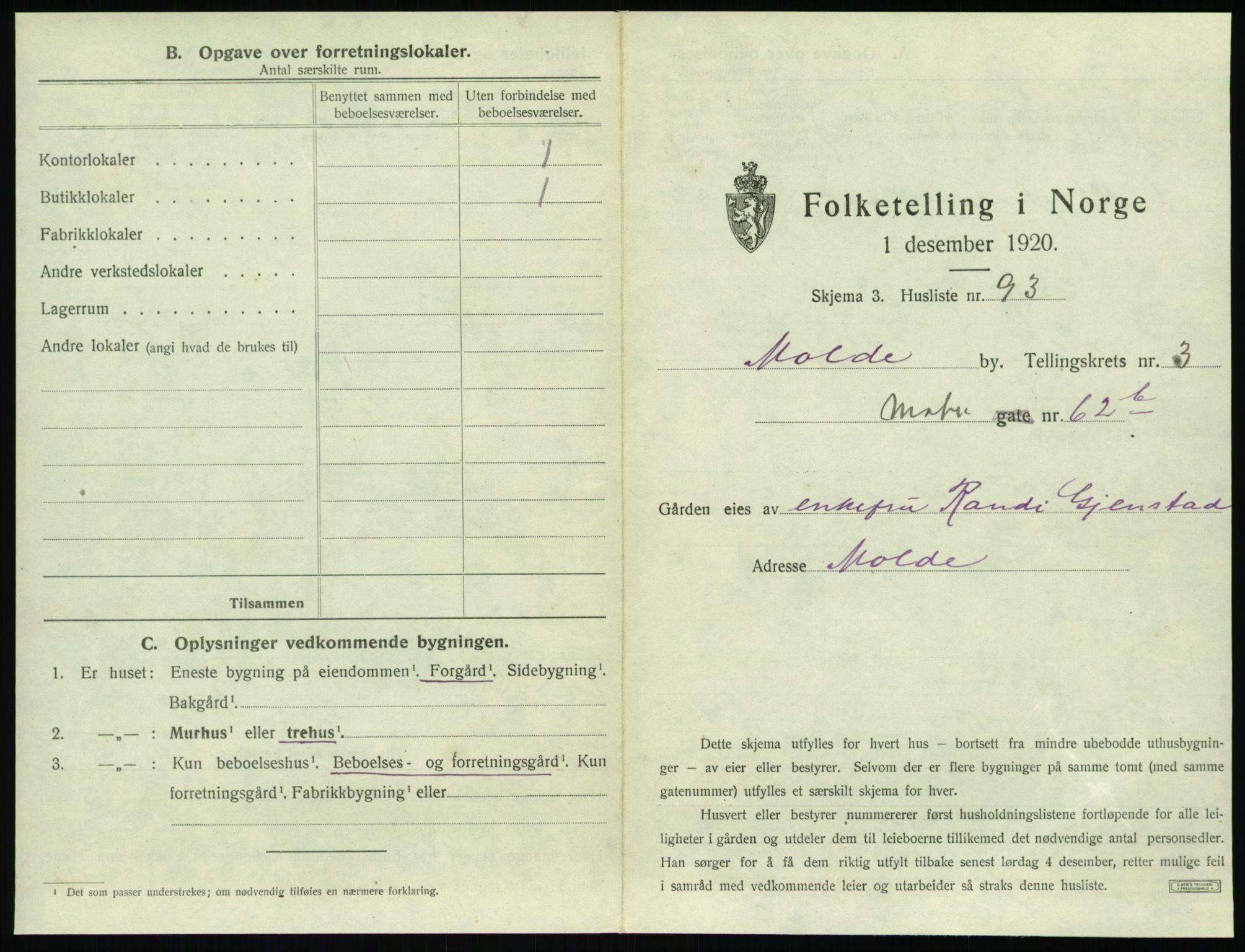 SAT, 1920 census for Molde, 1920, p. 405