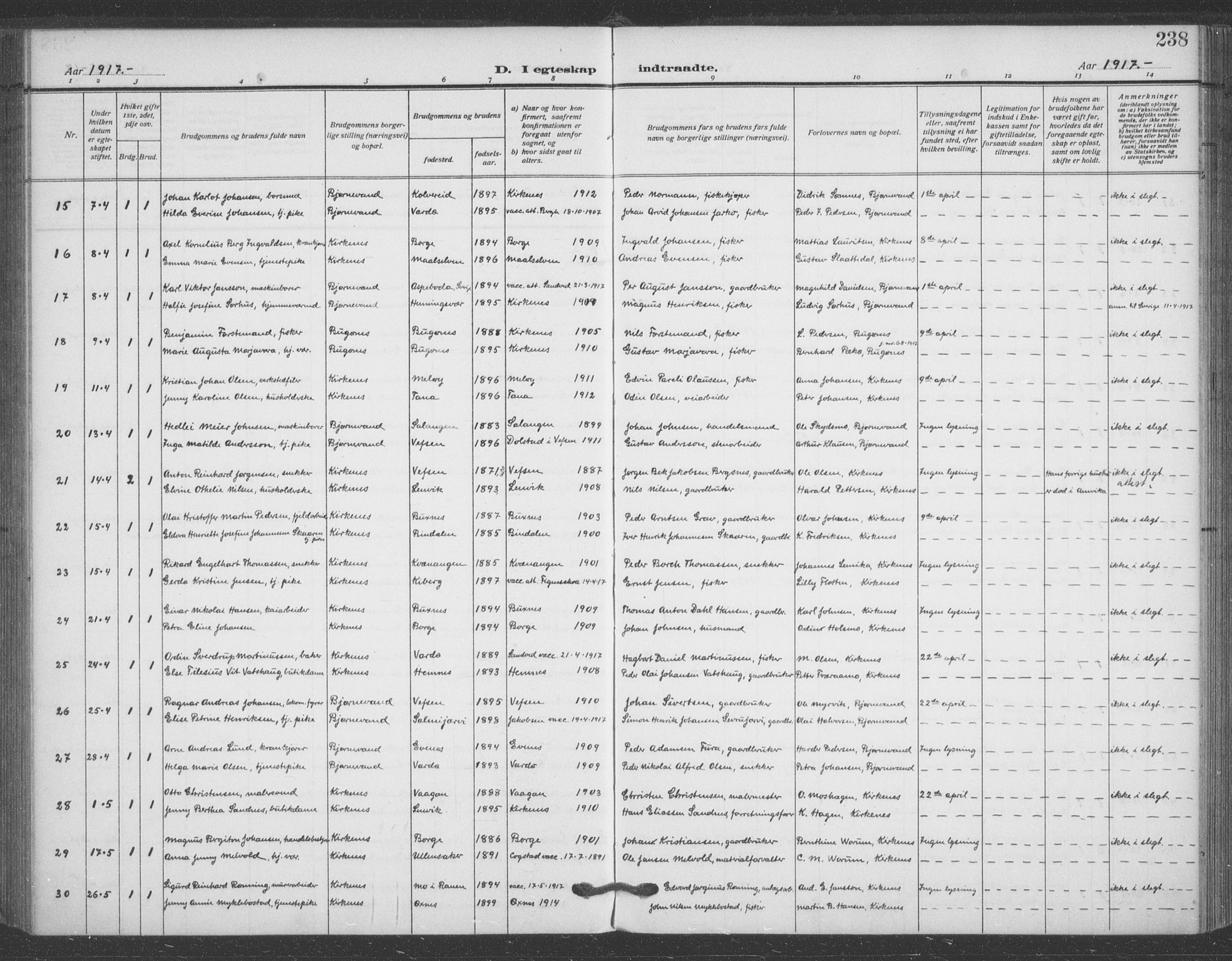 Sør-Varanger sokneprestkontor, AV/SATØ-S-1331/H/Ha/L0005kirke: Parish register (official) no. 5, 1909-1919, p. 238