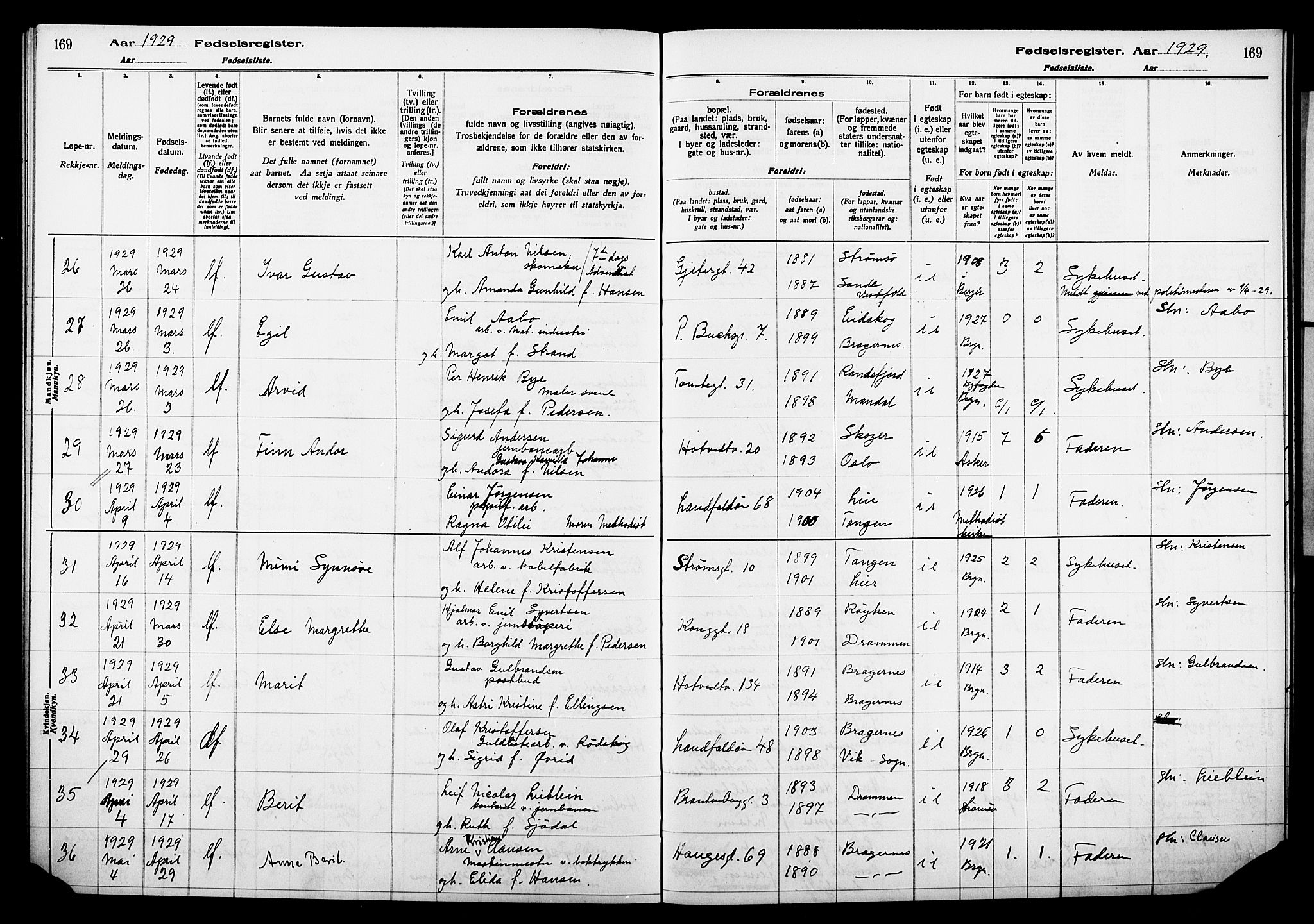 Bragernes kirkebøker, AV/SAKO-A-6/J/Ja/L0002: Birth register no. 2, 1922-1930, p. 169