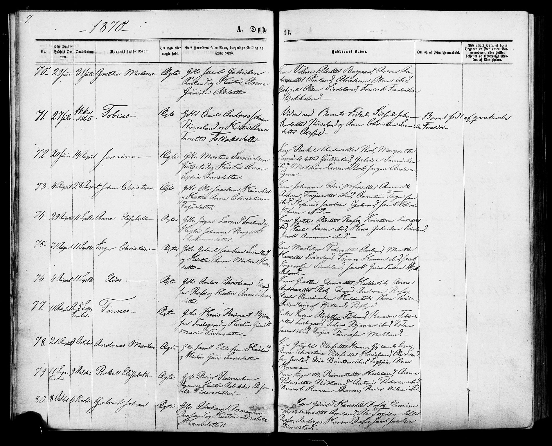 Kvinesdal sokneprestkontor, AV/SAK-1111-0026/F/Fa/Fab/L0007: Parish register (official) no. A 7, 1870-1885, p. 7