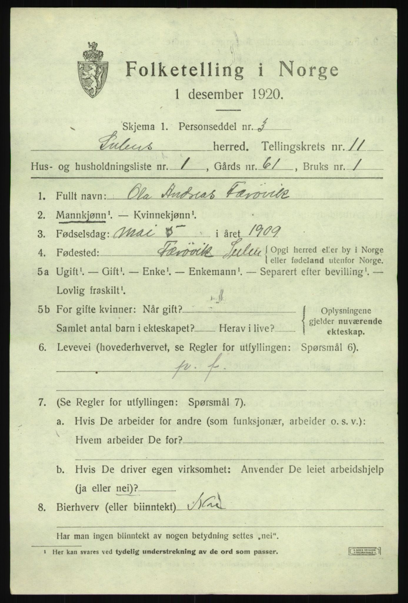 SAB, 1920 census for Solund, 1920, p. 3814