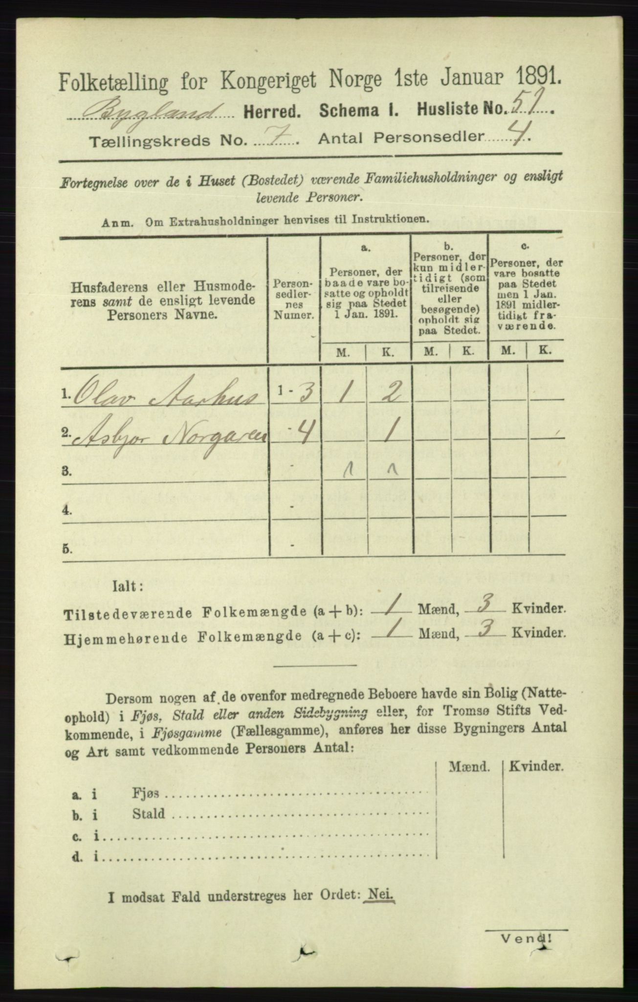 RA, 1891 census for 0938 Bygland, 1891, p. 1550