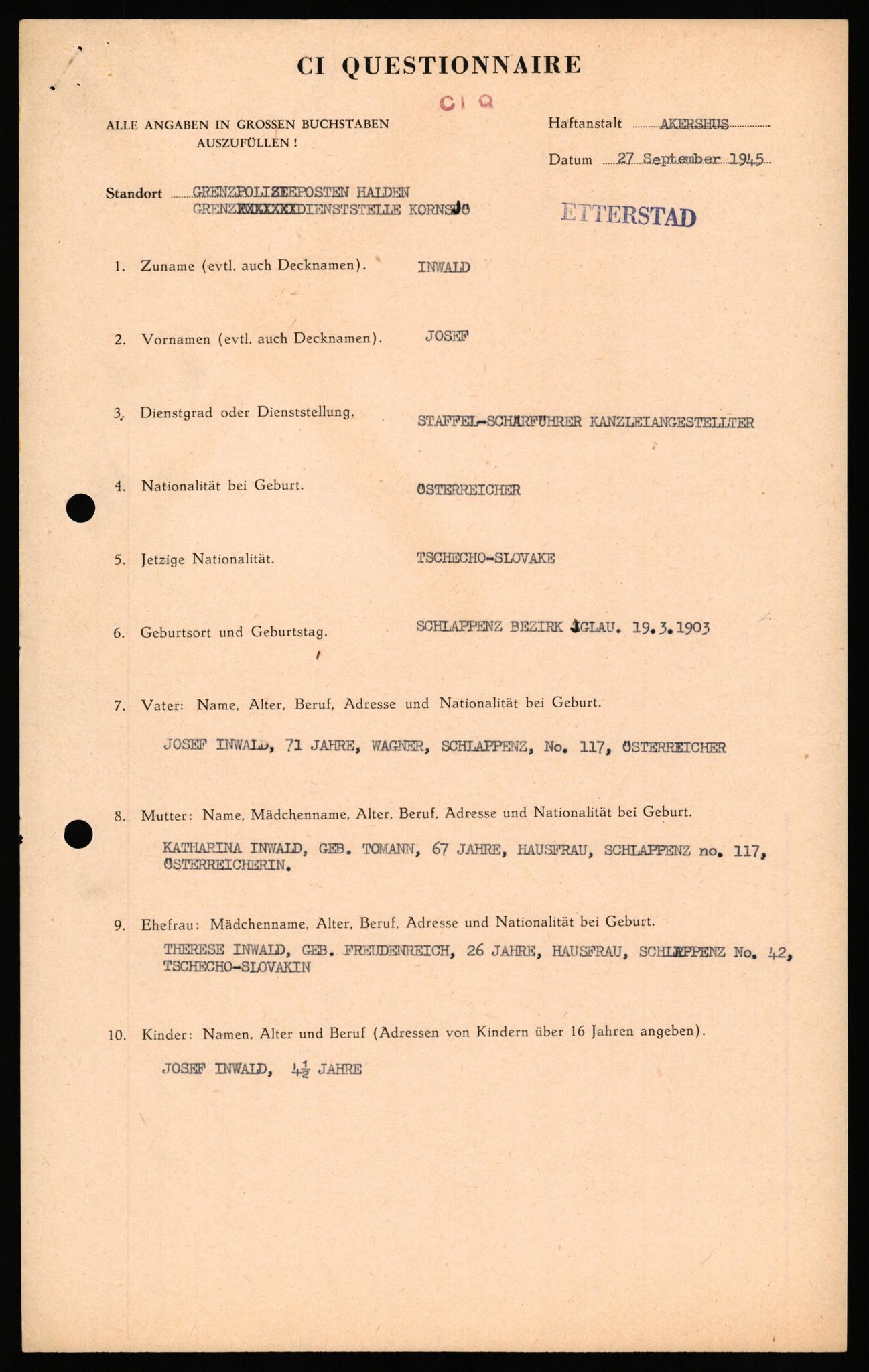 Forsvaret, Forsvarets overkommando II, AV/RA-RAFA-3915/D/Db/L0041: CI Questionaires.  Diverse nasjonaliteter., 1945-1946, p. 230