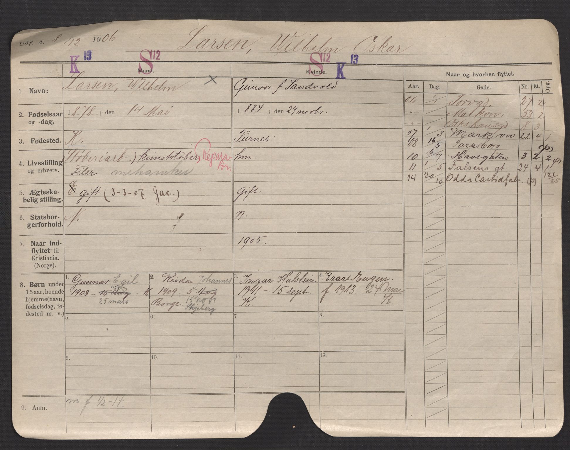 Oslo folkeregister, Registerkort, AV/SAO-A-11715/F/Fa/Fac/L0007: Menn, 1906-1914, p. 2a