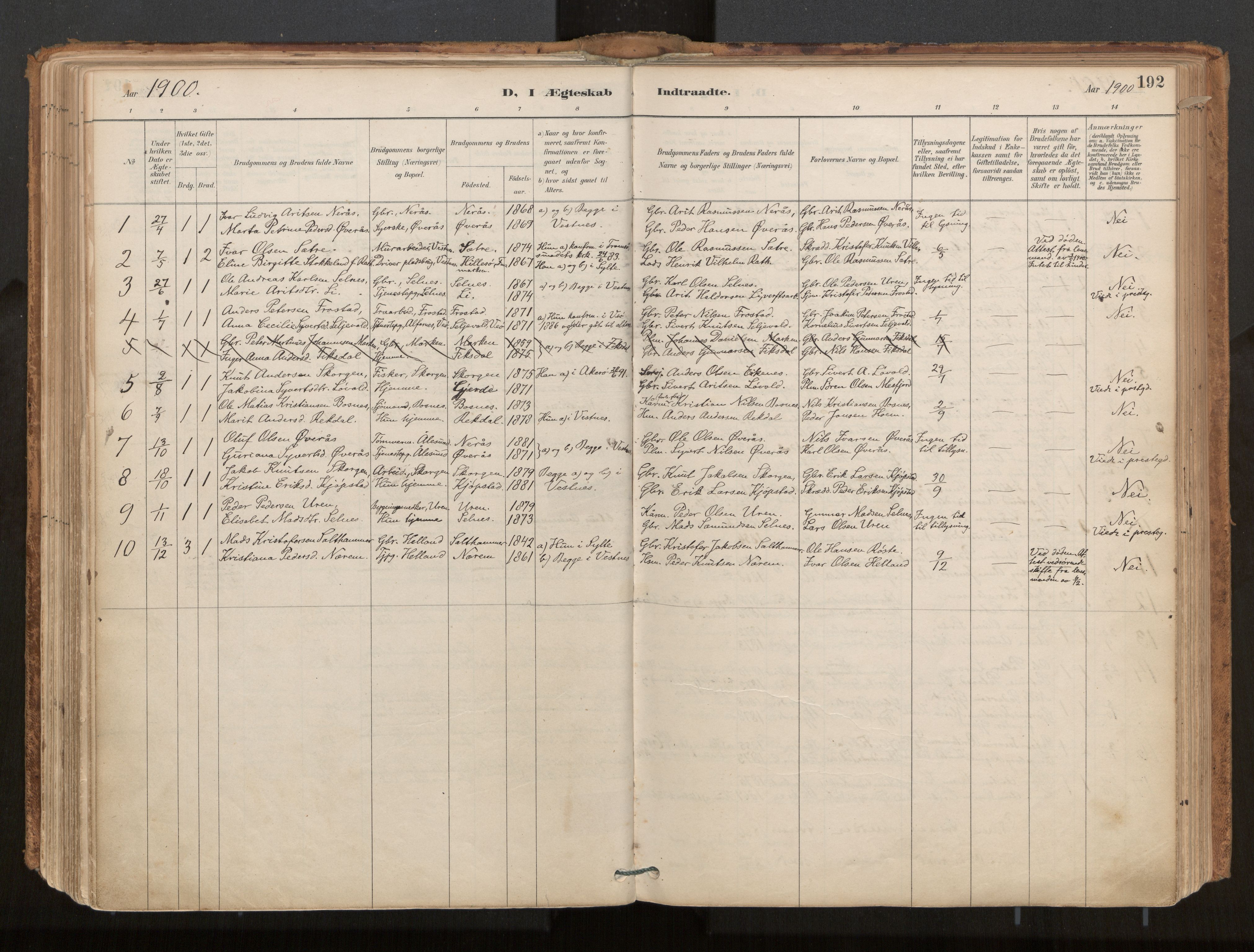 Ministerialprotokoller, klokkerbøker og fødselsregistre - Møre og Romsdal, AV/SAT-A-1454/539/L0531: Parish register (official) no. 539A04, 1887-1913, p. 192