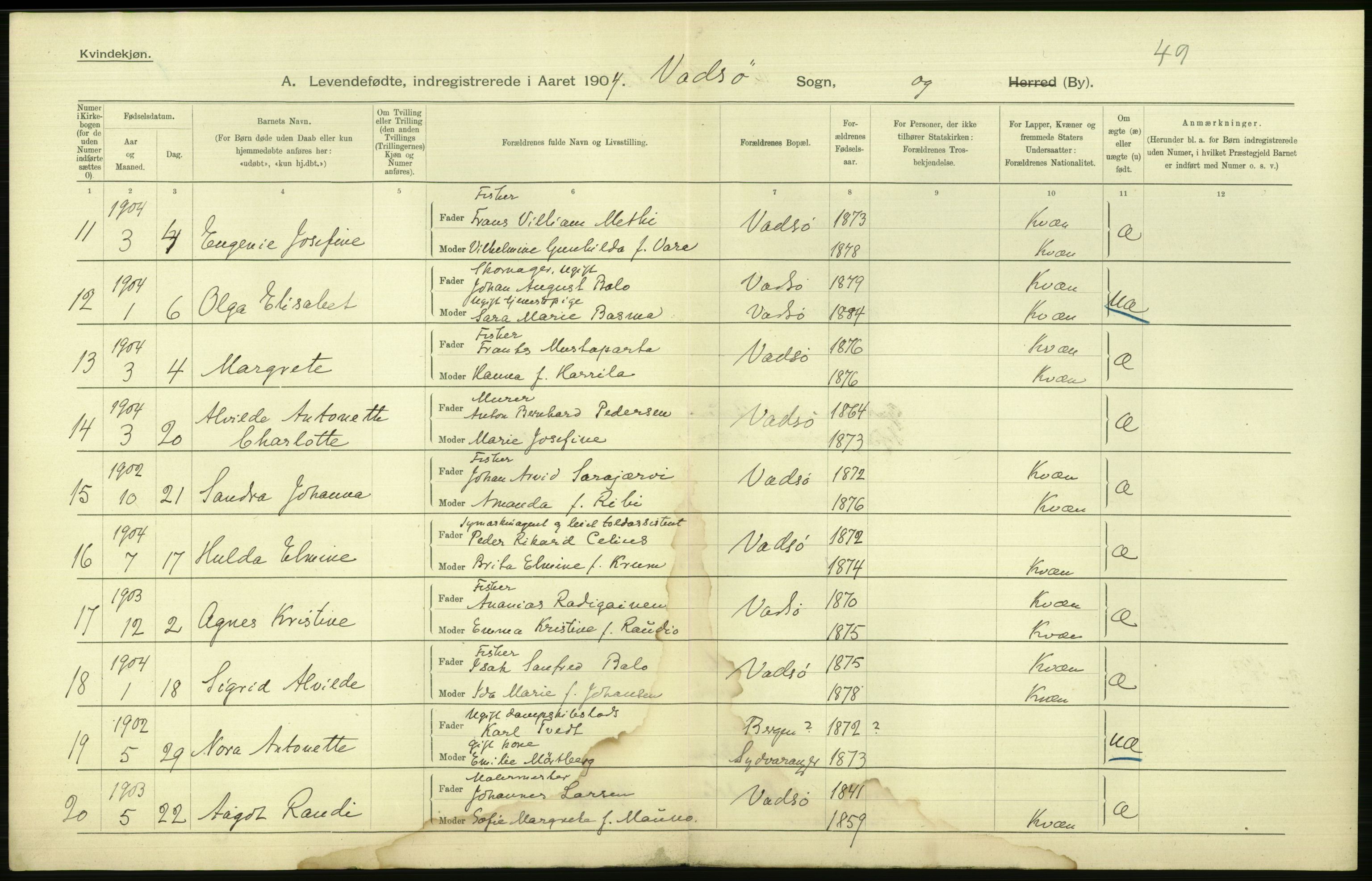 Statistisk sentralbyrå, Sosiodemografiske emner, Befolkning, AV/RA-S-2228/D/Df/Dfa/Dfab/L0023: Finnmarkens amt: Fødte, gifte, døde, 1904, p. 140