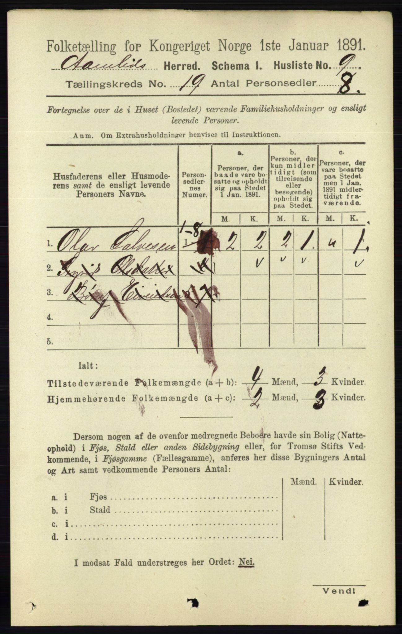 RA, 1891 census for 0929 Åmli, 1891, p. 3135