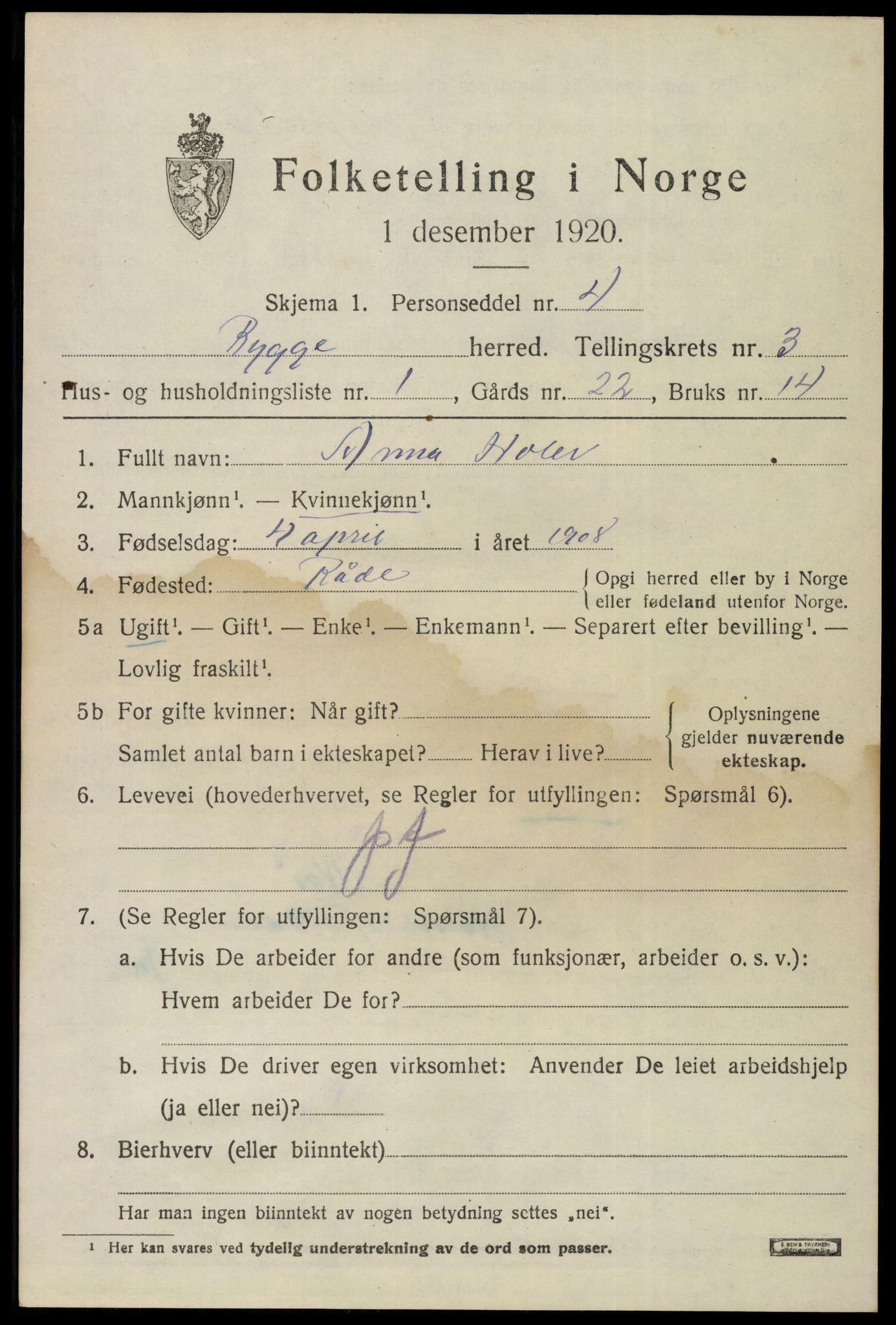 SAO, 1920 census for Rygge, 1920, p. 7801