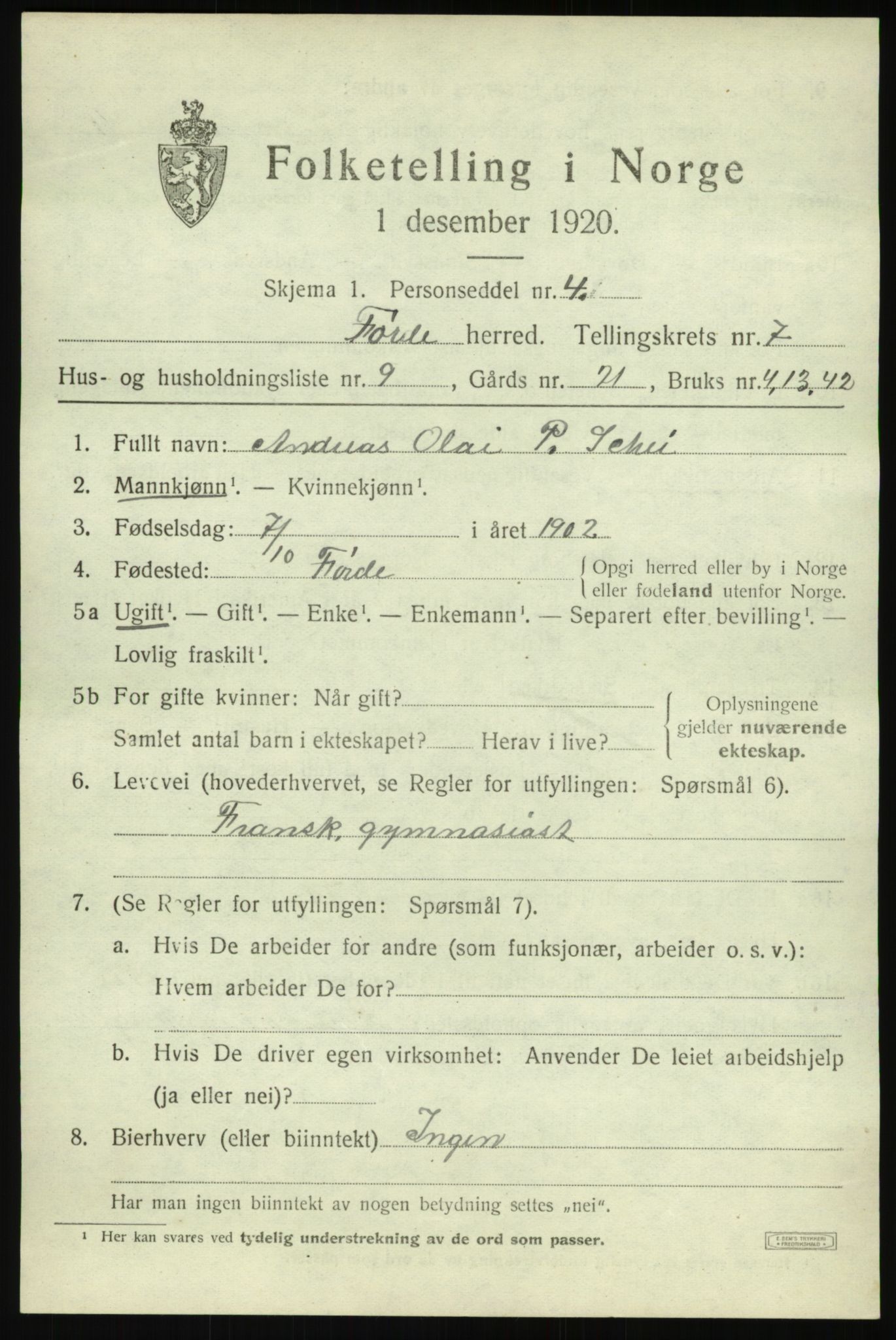 SAB, 1920 census for Førde, 1920, p. 2490
