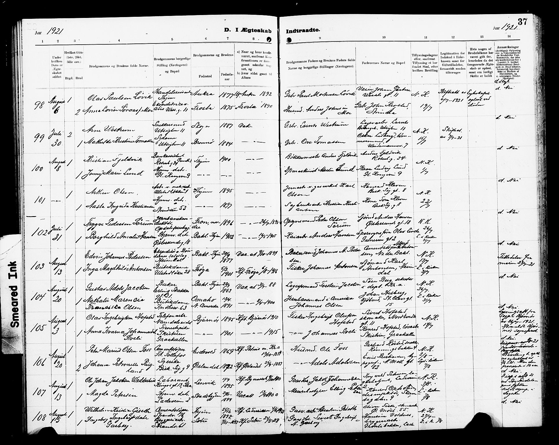 Ministerialprotokoller, klokkerbøker og fødselsregistre - Sør-Trøndelag, AV/SAT-A-1456/605/L0257: Parish register (copy) no. 605C04, 1916-1922, p. 37