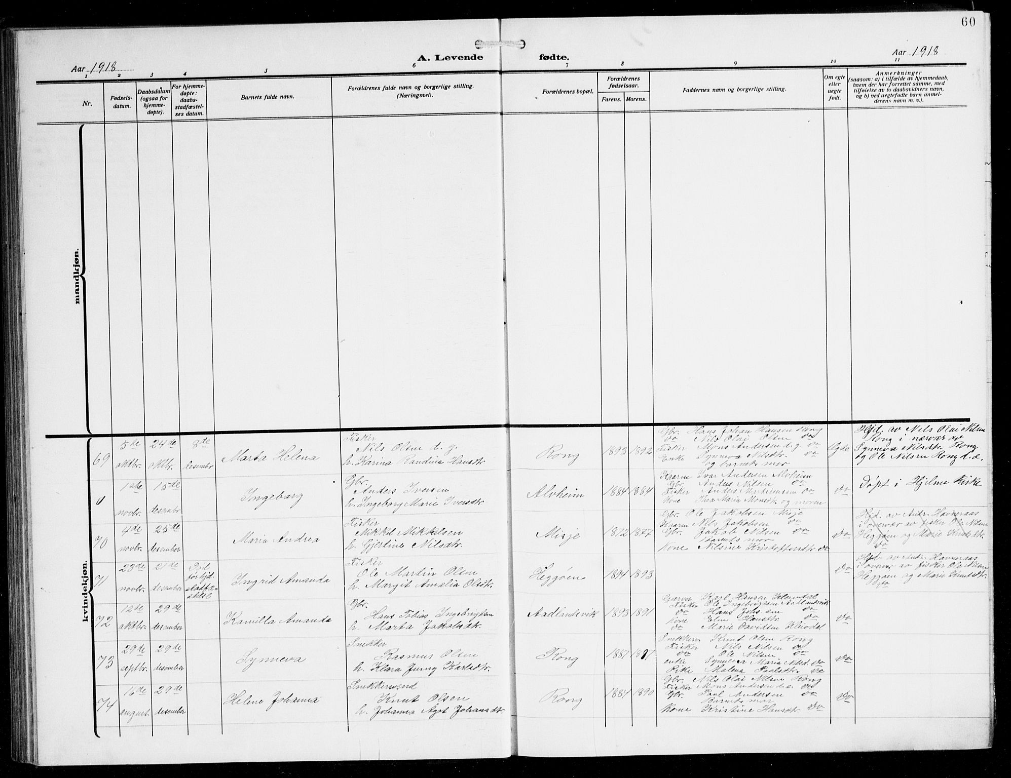 Herdla Sokneprestembete, AV/SAB-A-75701/H/Hab: Parish register (copy) no. C 2, 1913-1926, p. 60