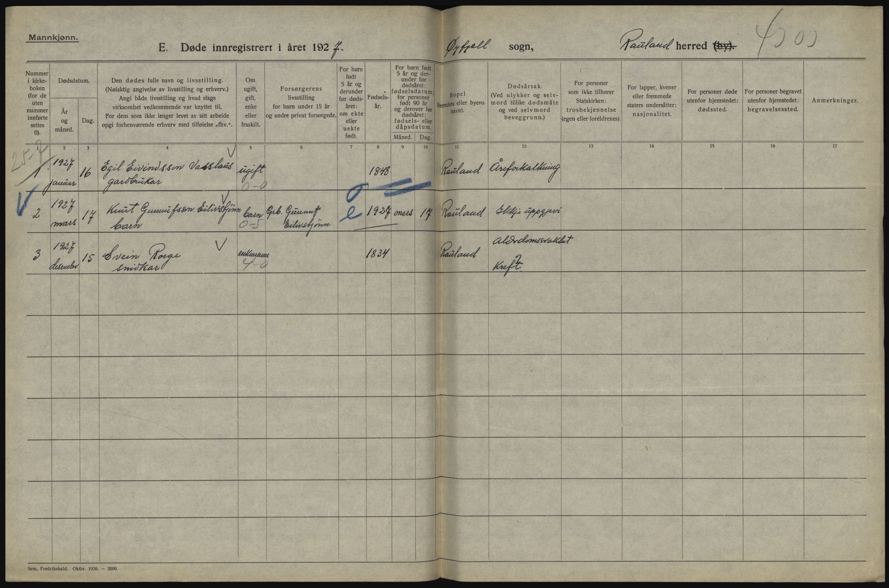 Statistisk sentralbyrå, Sosiodemografiske emner, Befolkning, RA/S-2228/D/Df/Dfc/Dfcg/L0020: Telemark fylke: Gifte, døde. Bygder og byer., 1927, p. 458